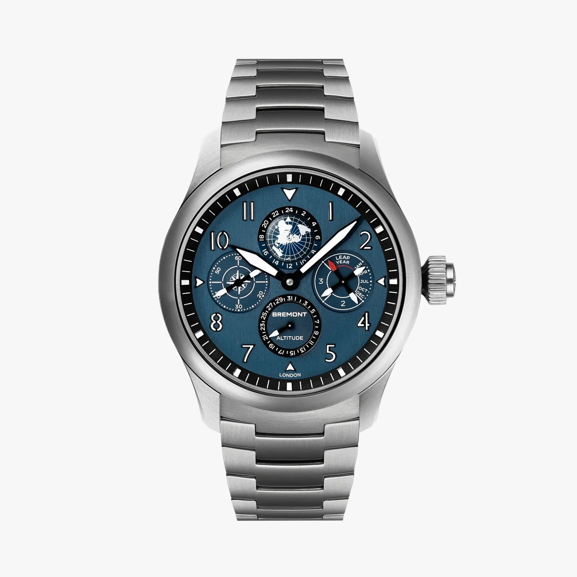 a steel watch with a complicated blue dial