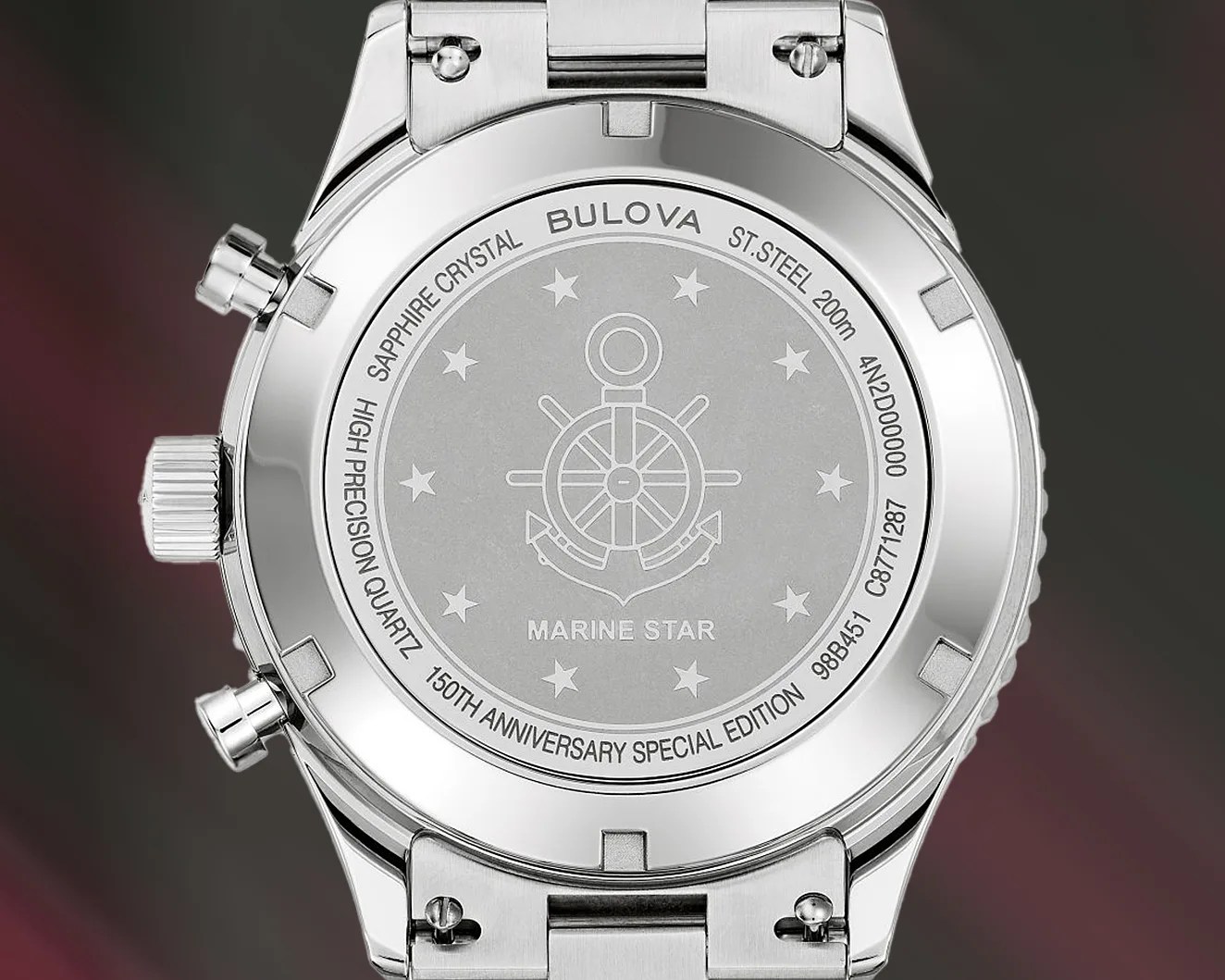 the engraved case back of a Bulova Marine Star watch