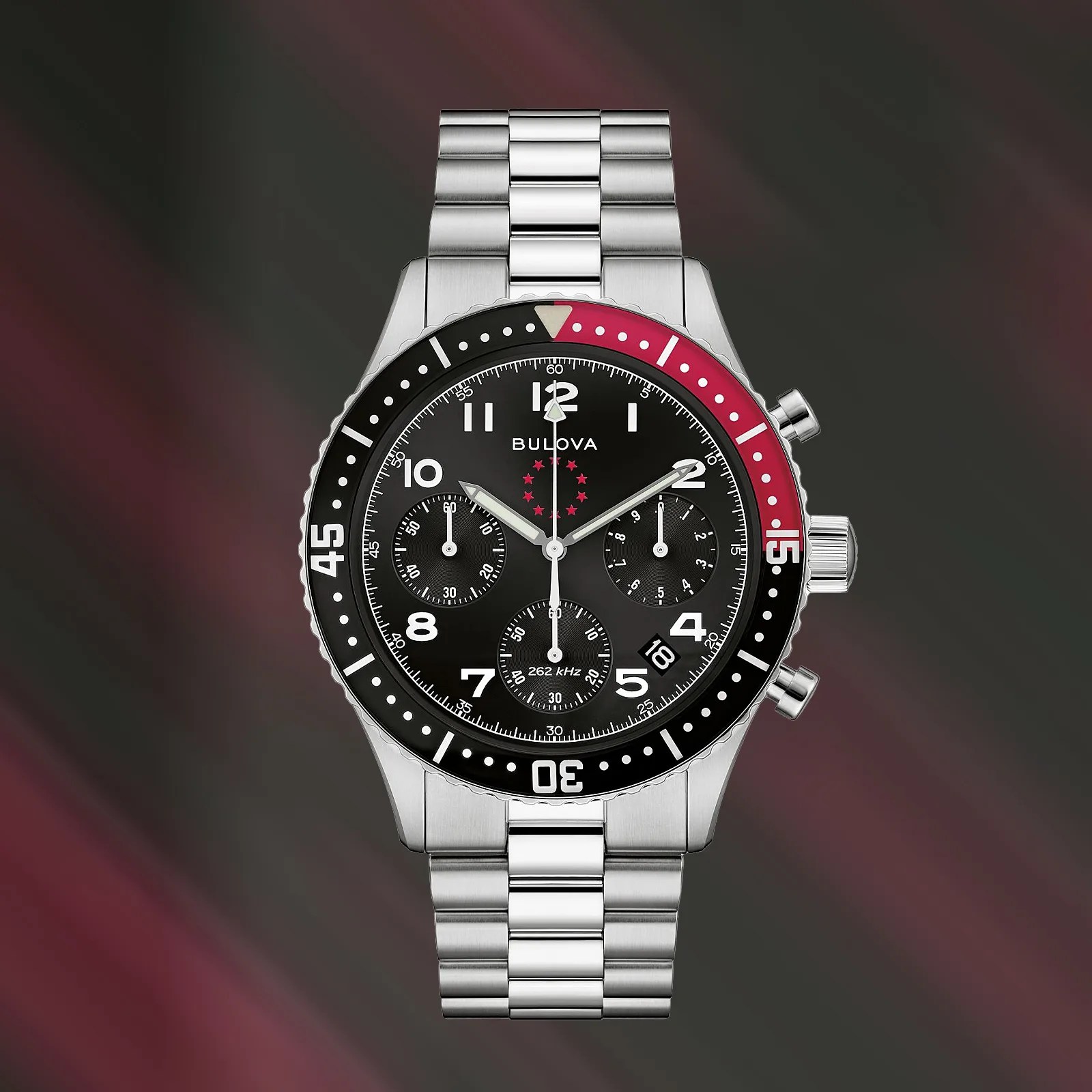 a Bulova chronograph with a black dial and steel bracelet