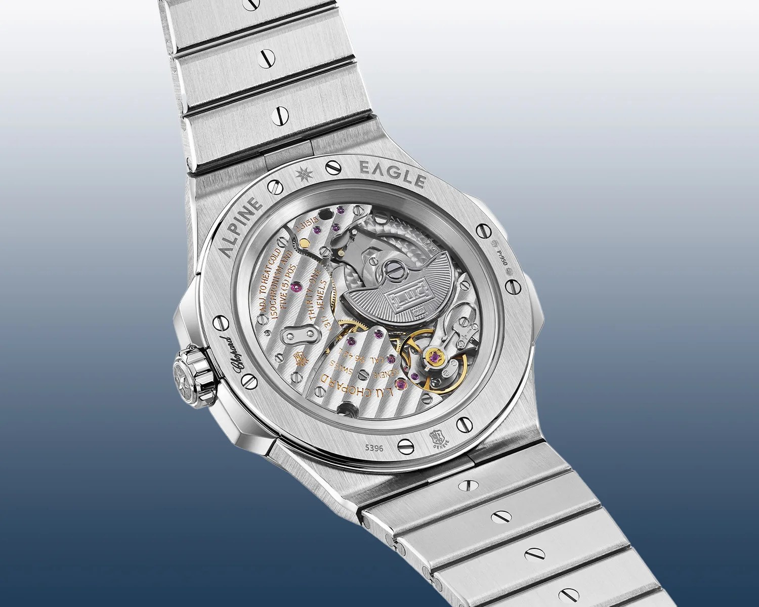 the caseback of a chopard watch showing an automatic movement