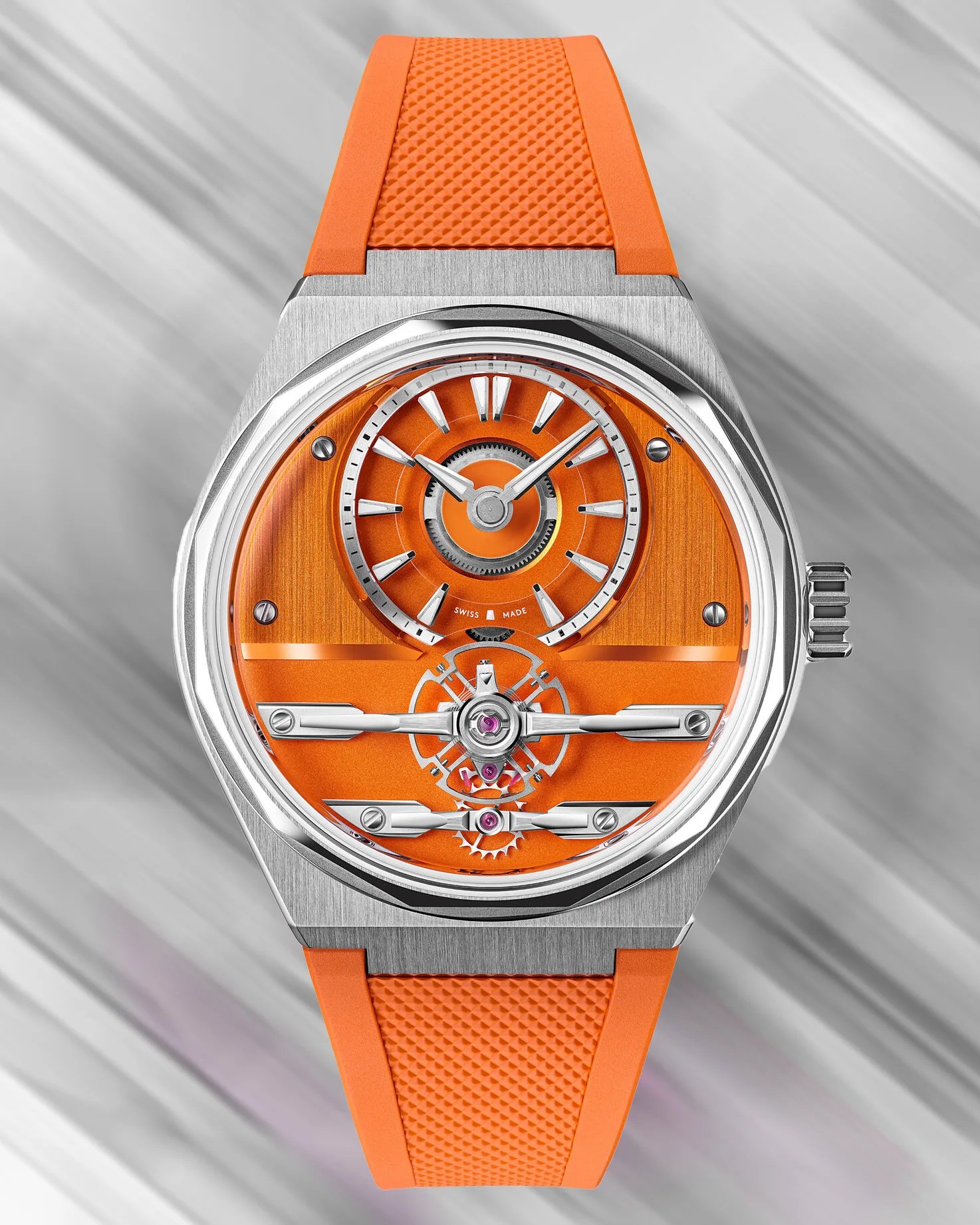 a Christopher Ward sports watch with an orange dial and strap