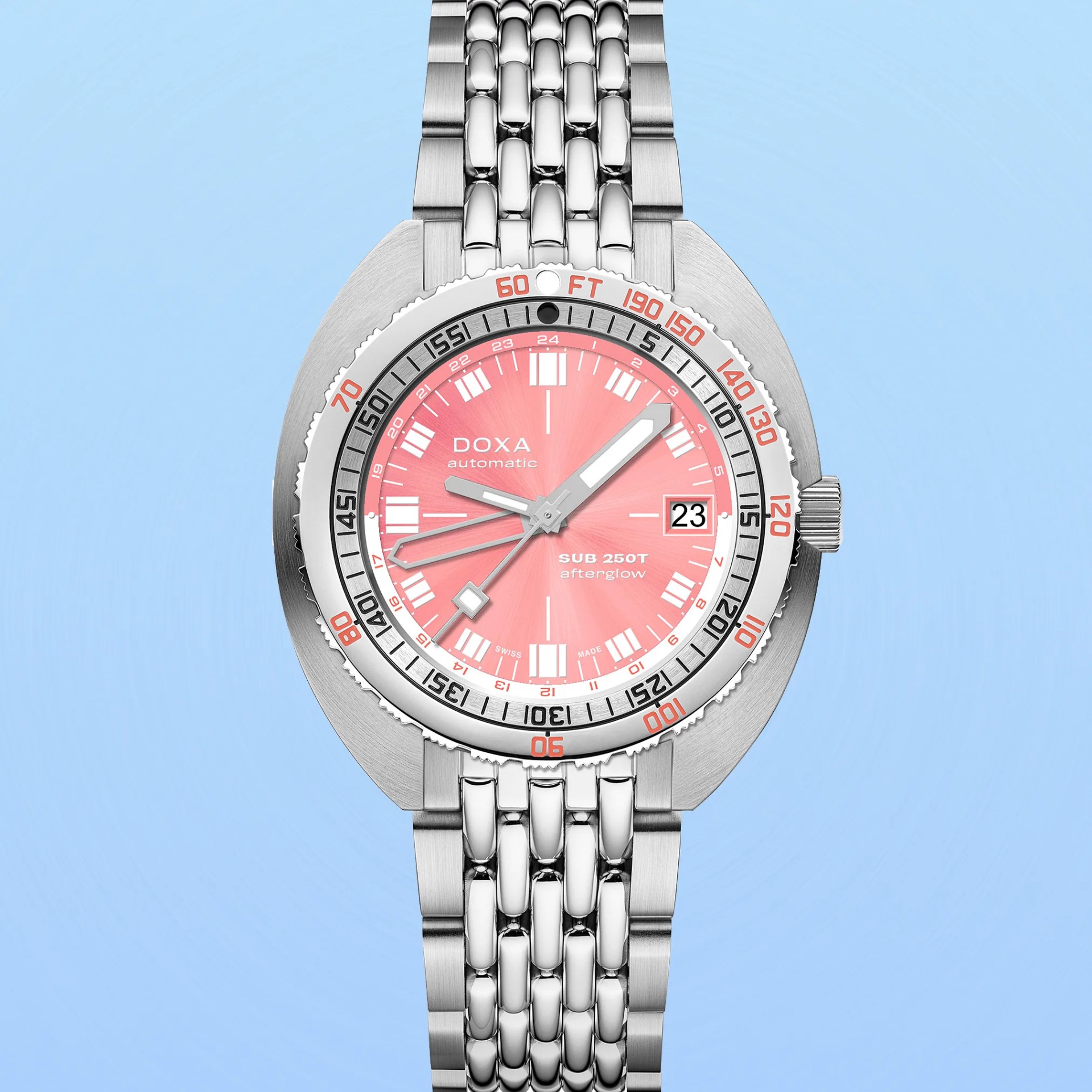 a steel dive watch with a pink dial