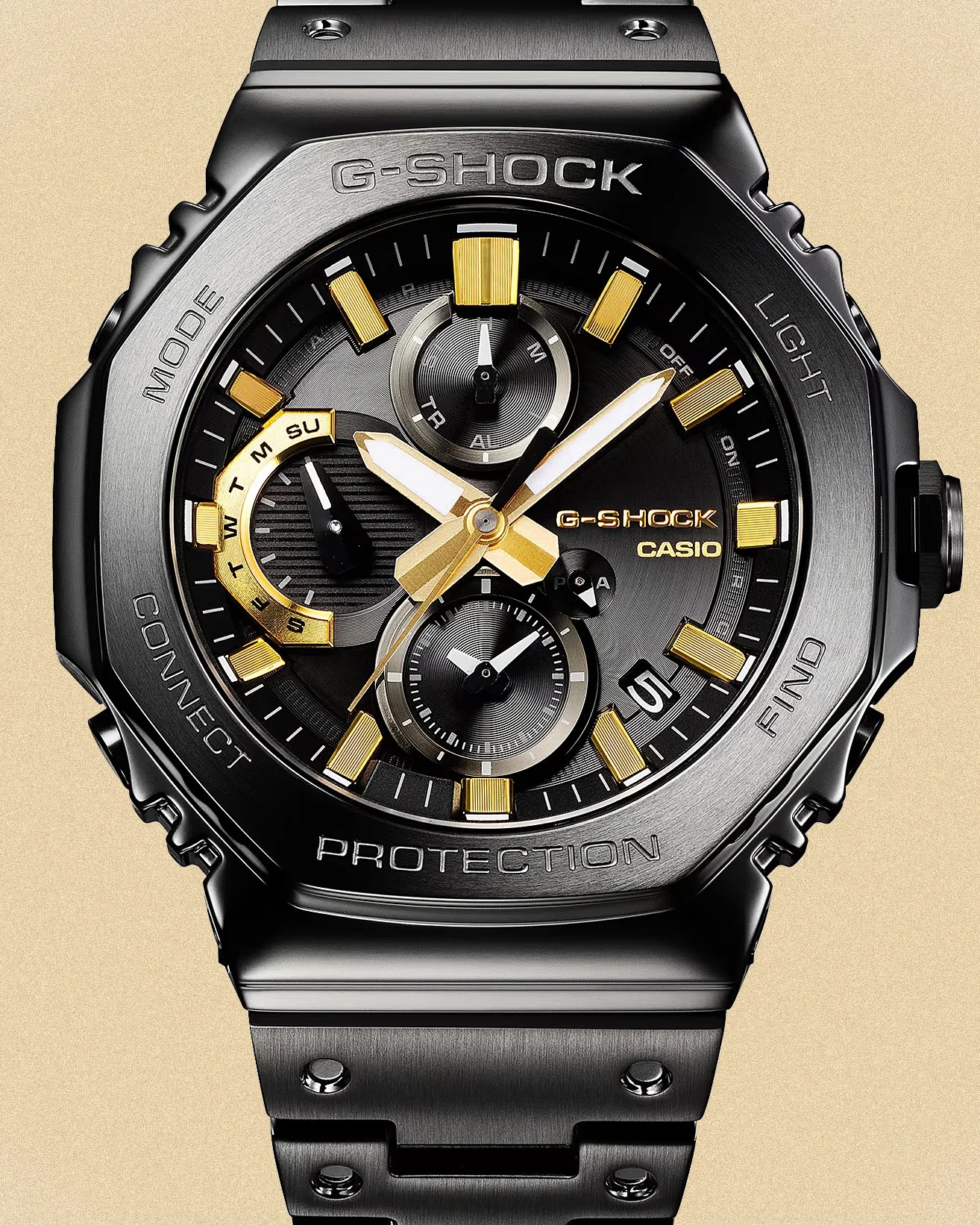 the metal case and dial of a black g-shock watch