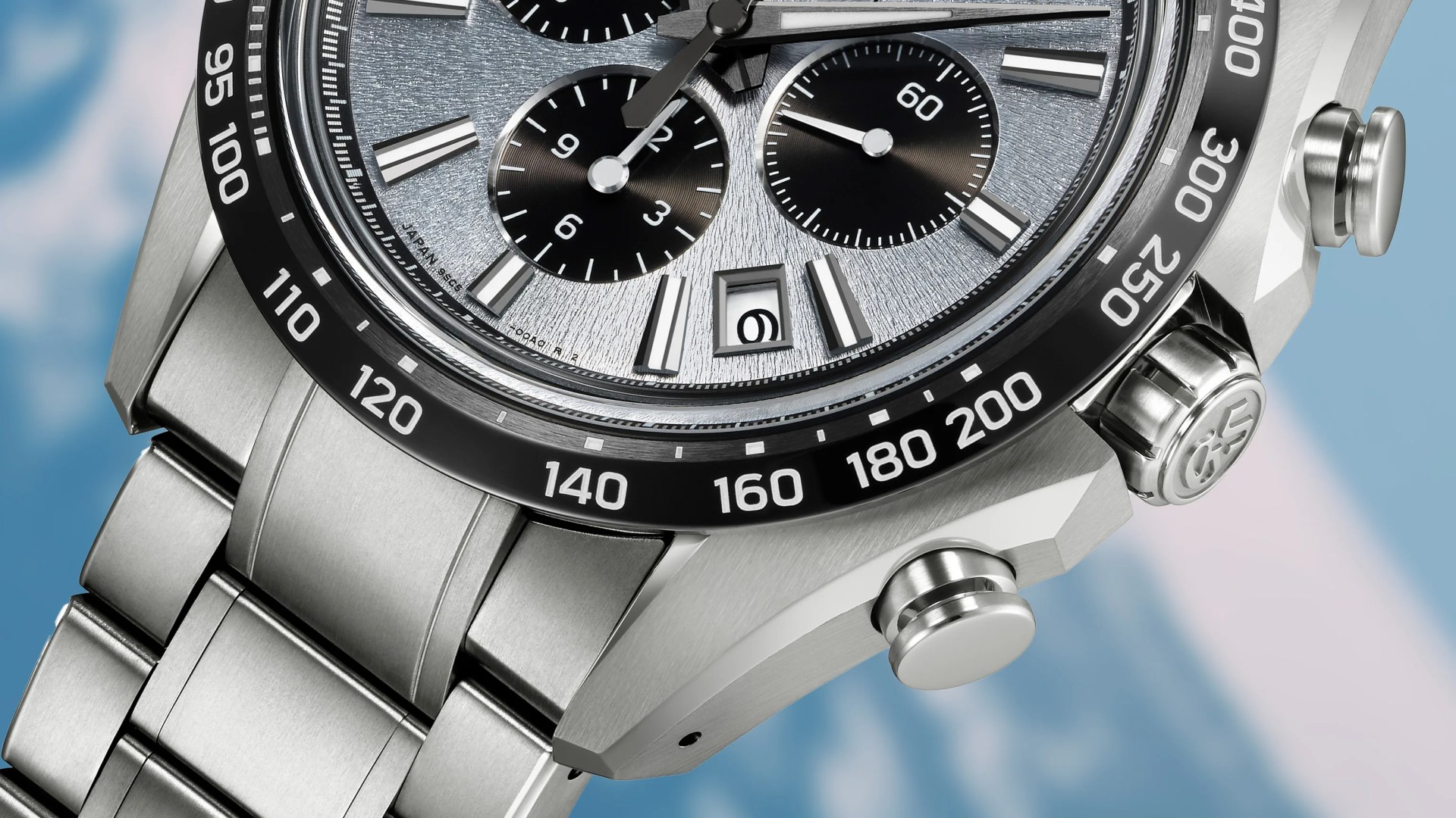 the case, bezel, dial and crown of a Grand Seiko chronograph