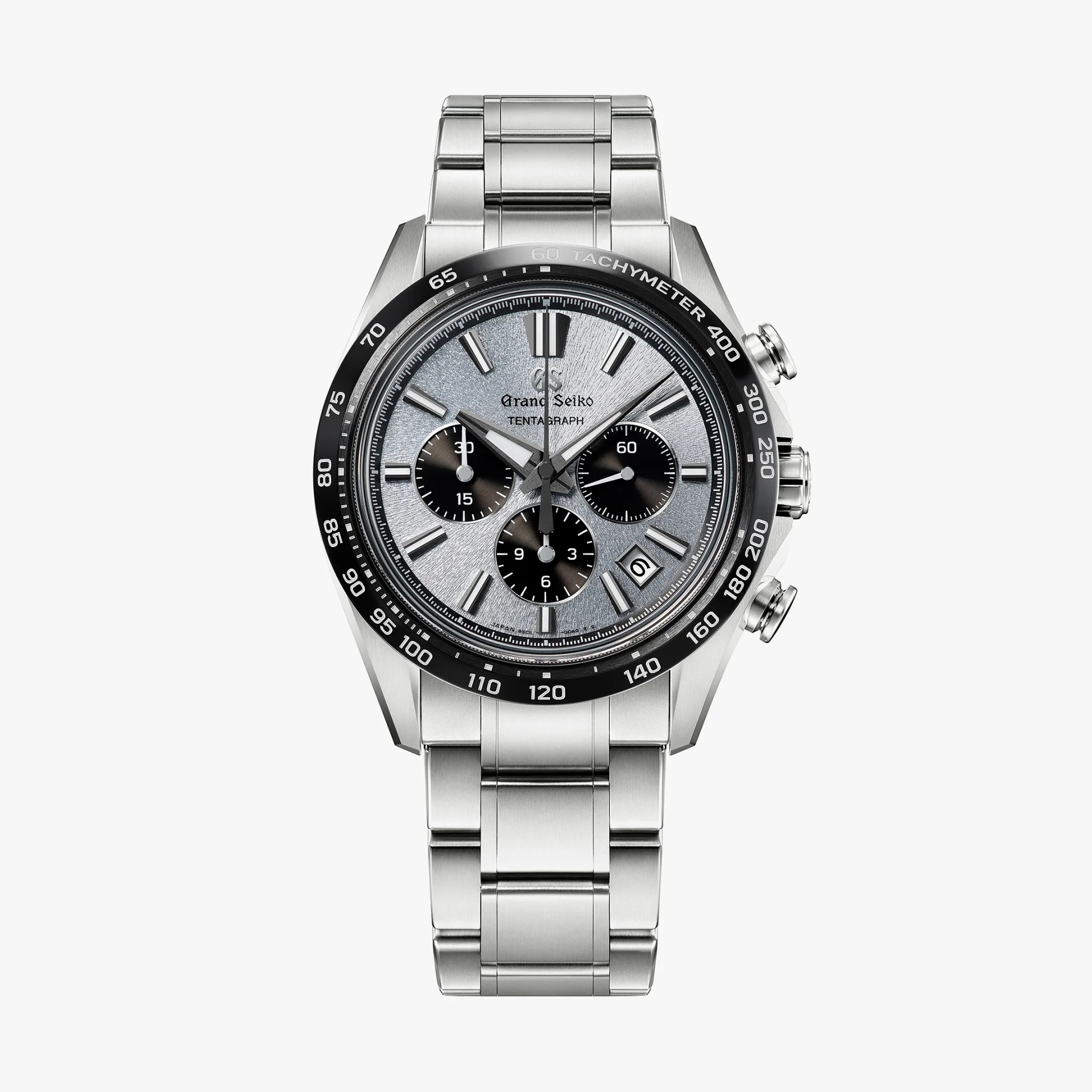 a steel chronograph watch with a black and silver dial
