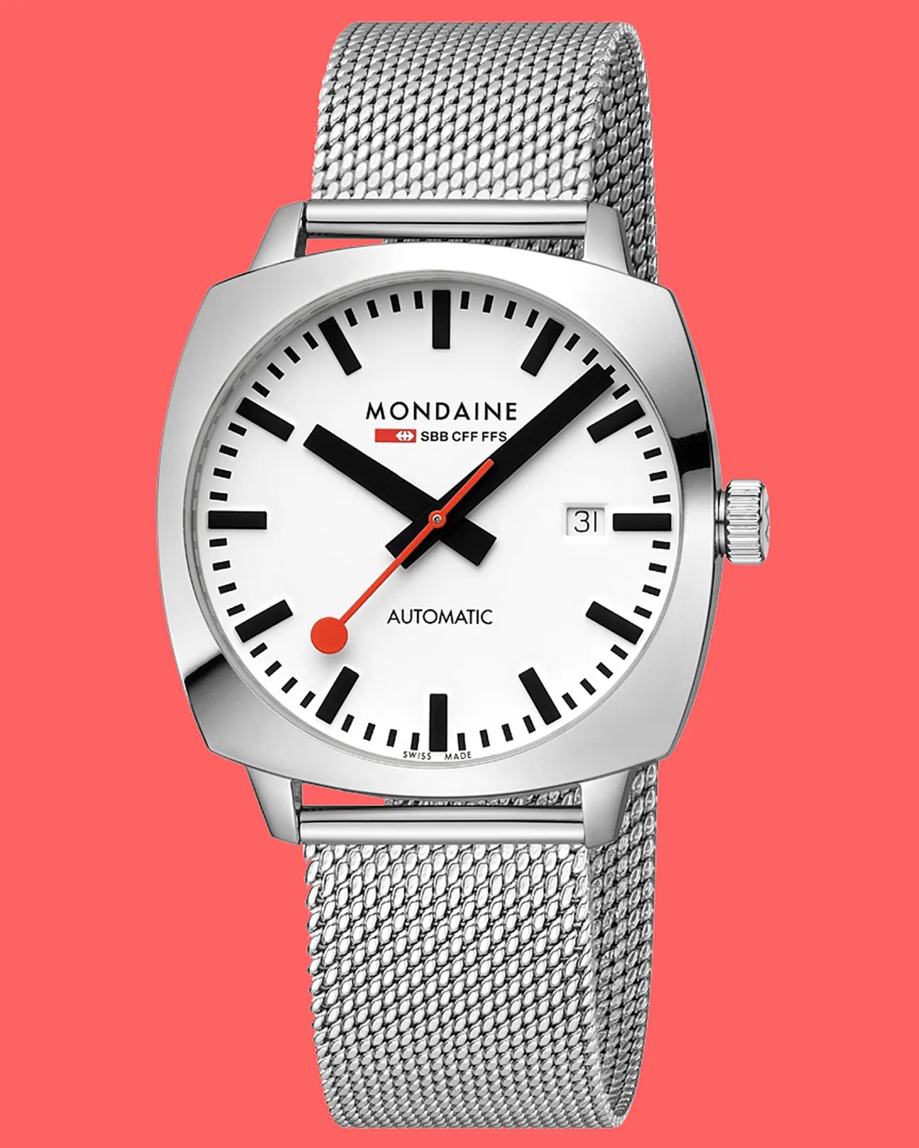 a Steel Mondaine watch with a white dial