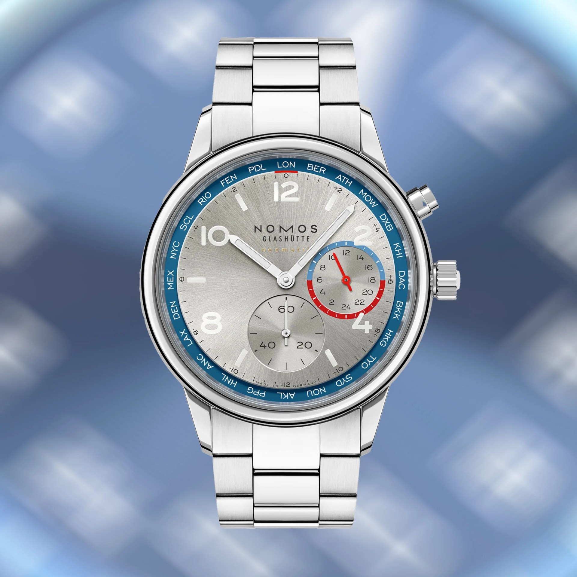 a steel watch with a silver dial