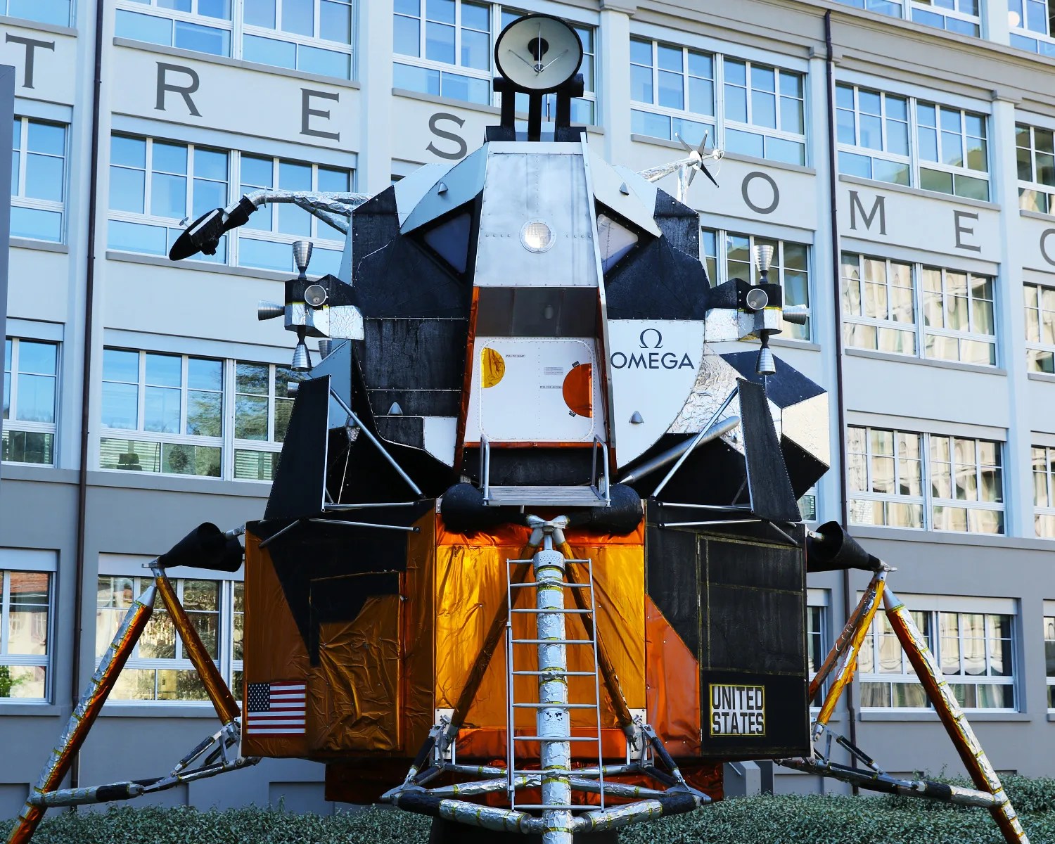 a lunar lander replica outside of the omega watch headquarters in switzerland