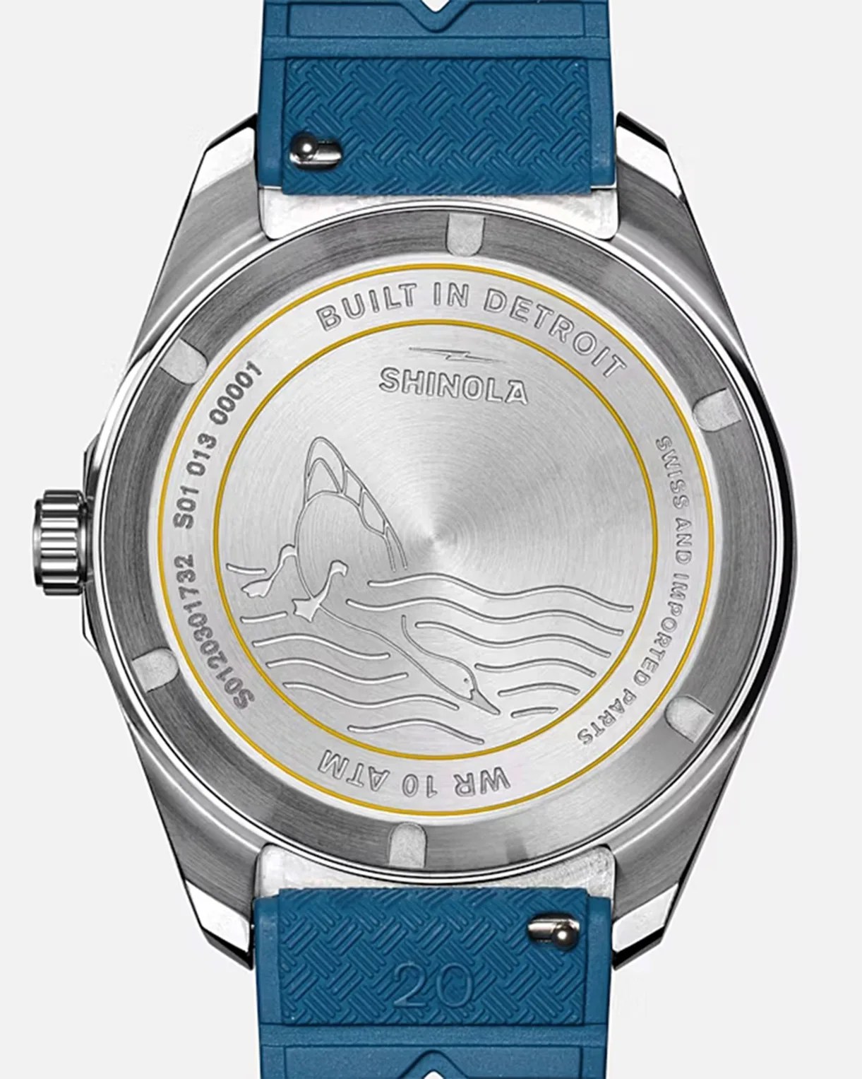 the case back of a Shinola watch with a duck engraved on it