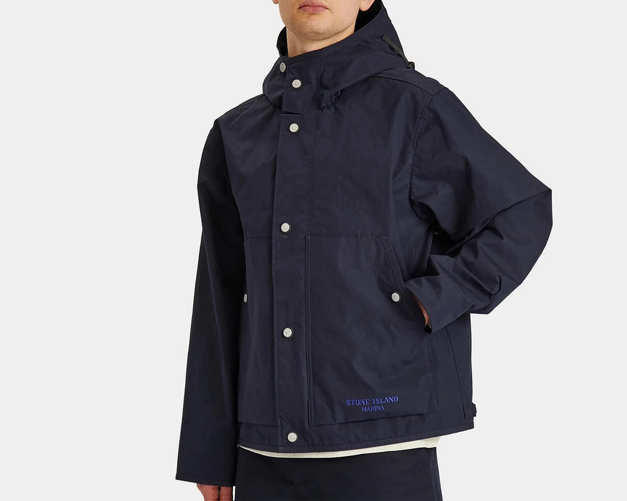 a man wearing a blue raincoat
