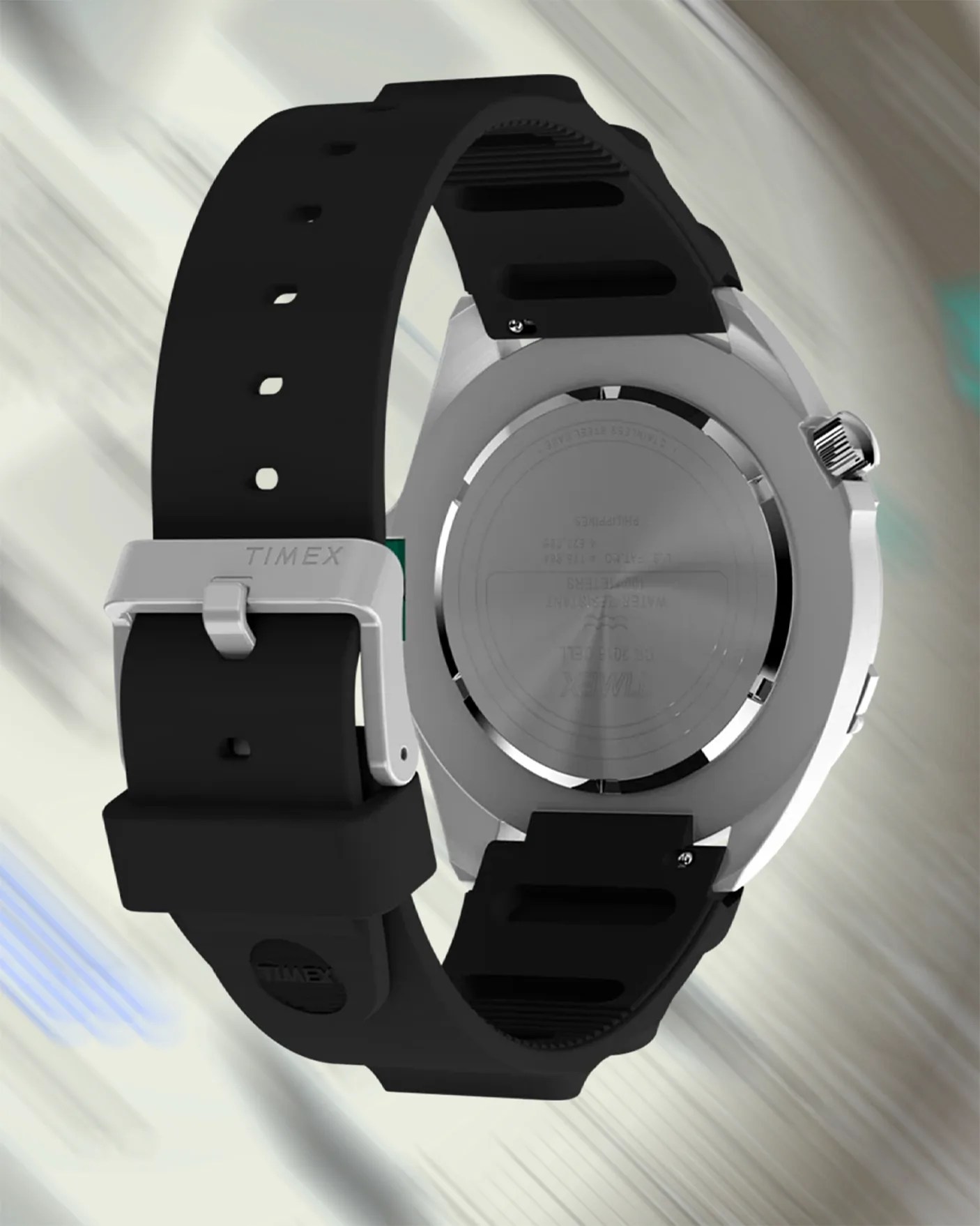 the case back and band of a Timex watch