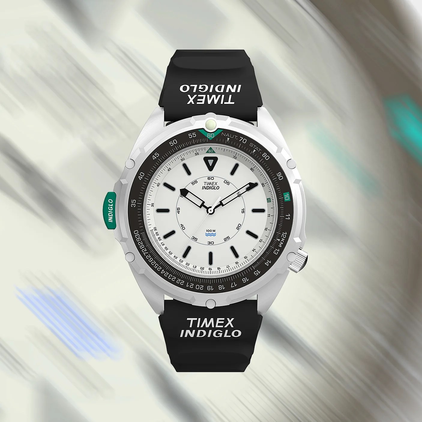 a Timex watch with a white dial and black band