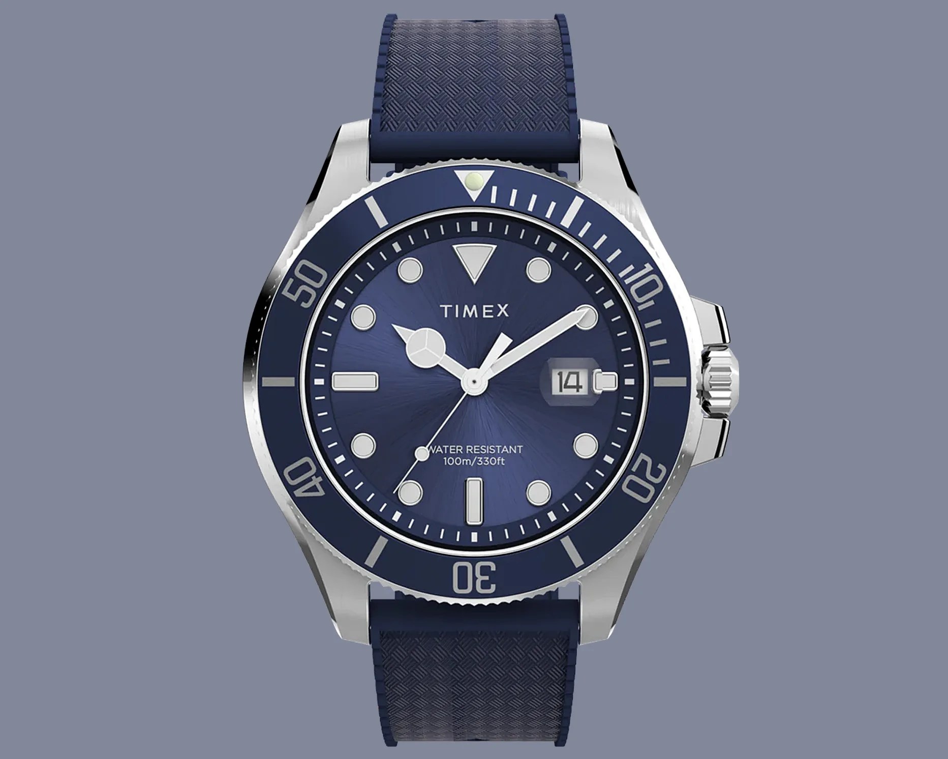 a Timex dive watch with a blue dial and rubber strap