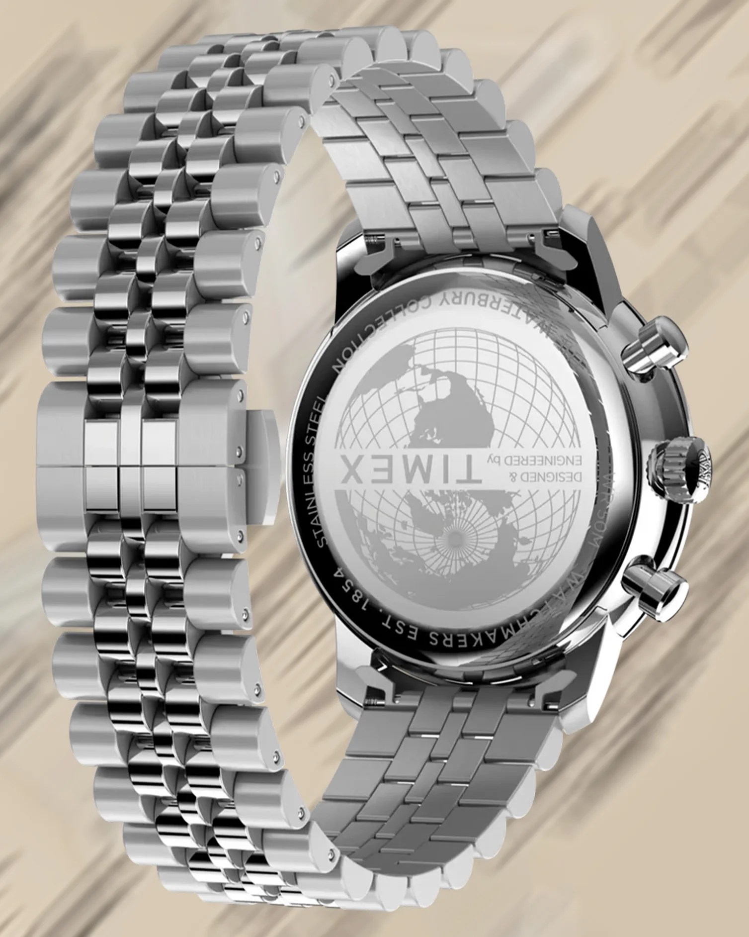 the bracelet and case back of a steel Timex watch