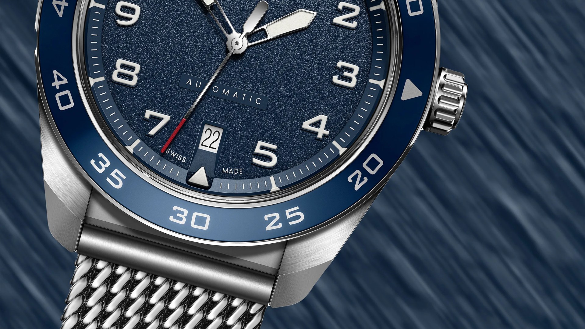 close up view of a blue dial Victorinox dive watch