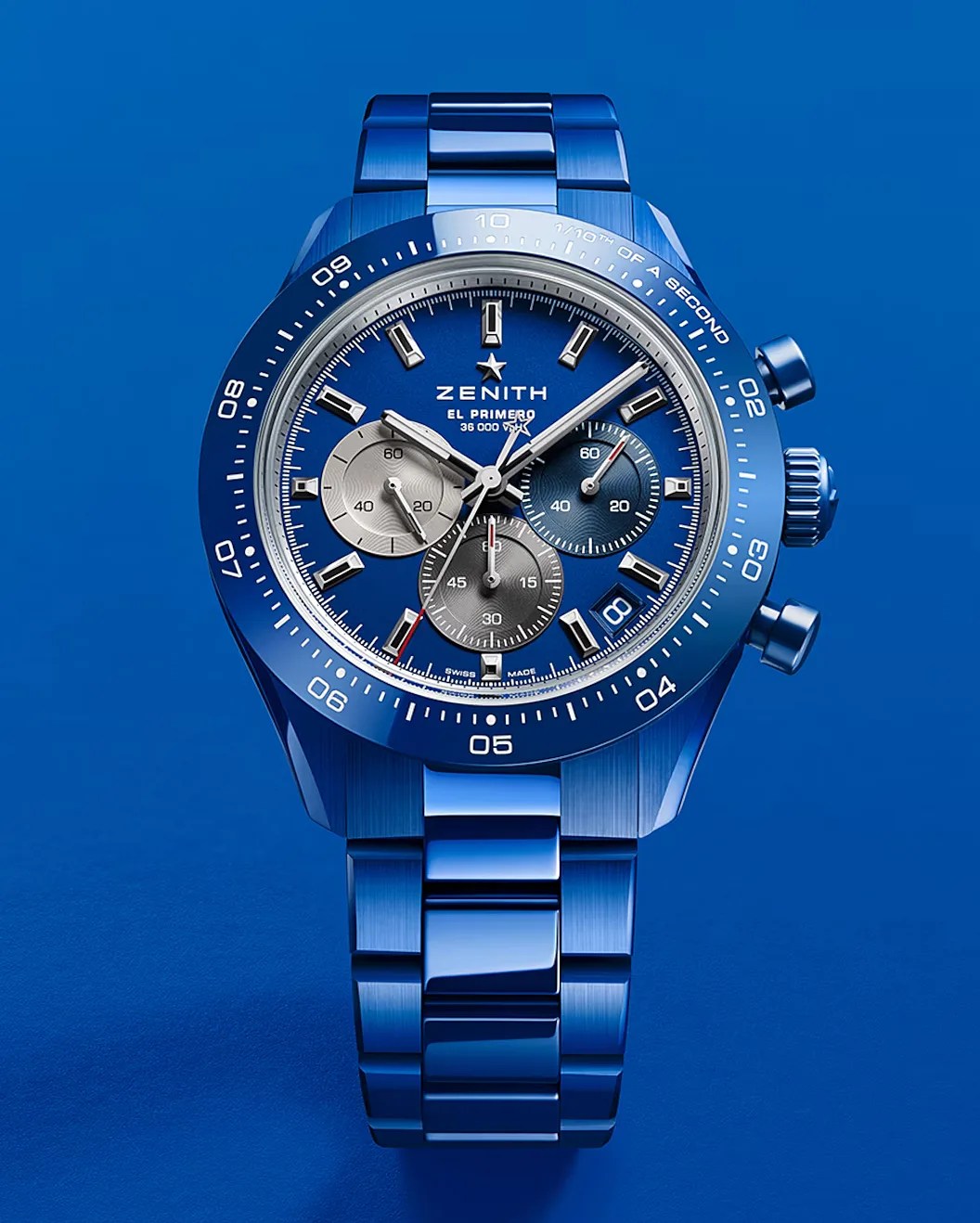 a blue chronograph watch with a blue bracelet