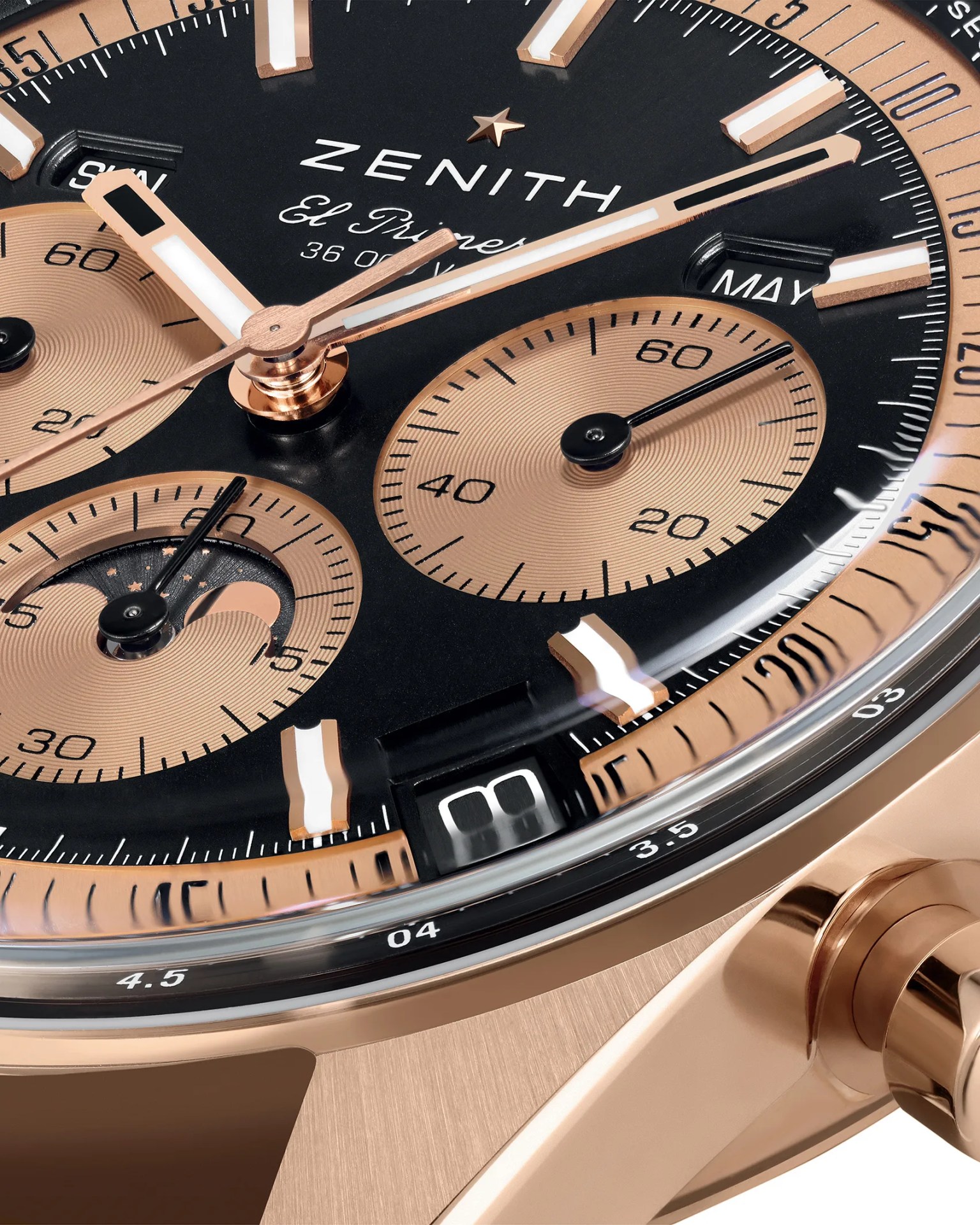 the dial of a chronograph watch