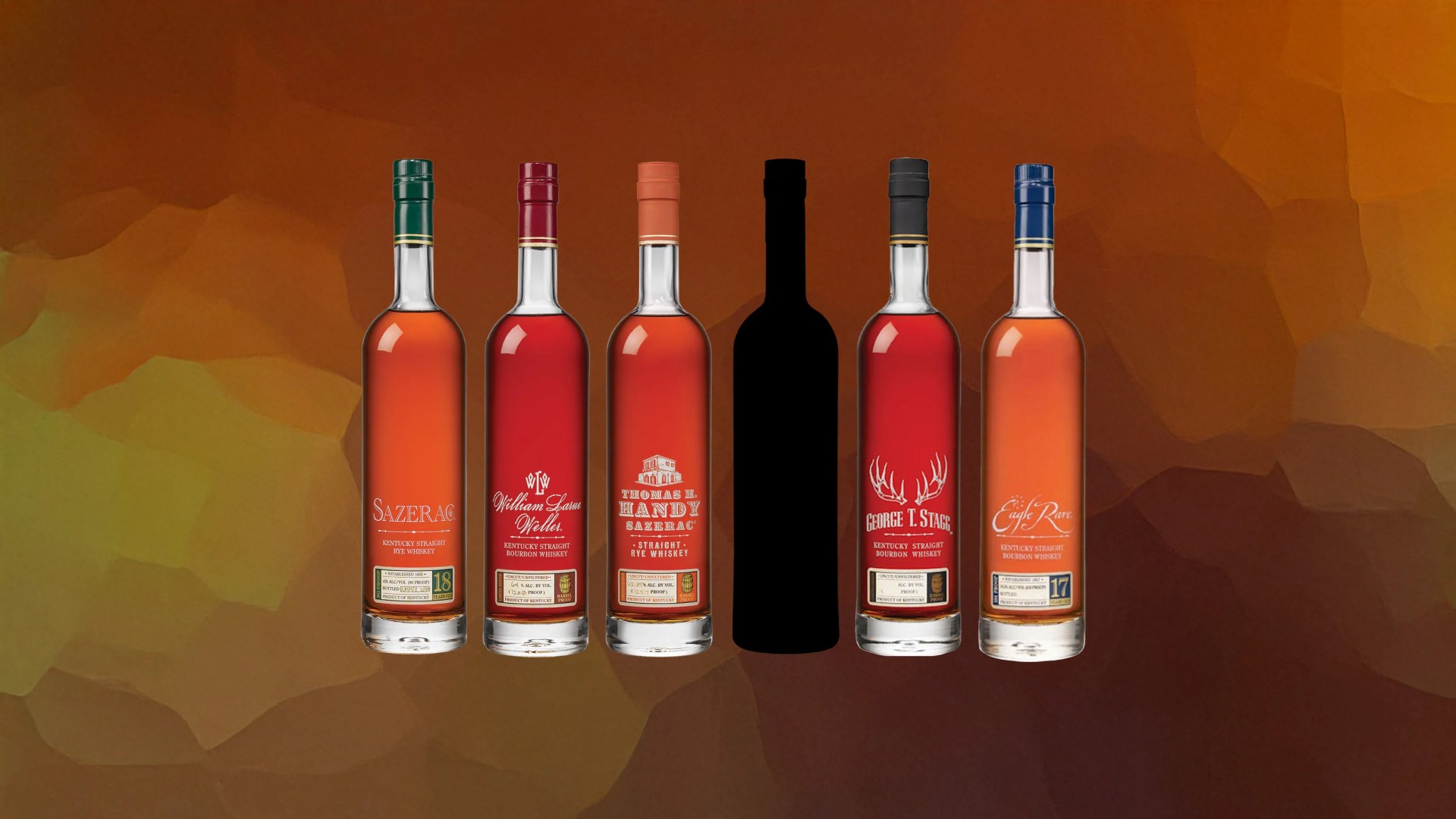 A lineup of Buffalo Trace Antique Collection bottles with one blacked-out