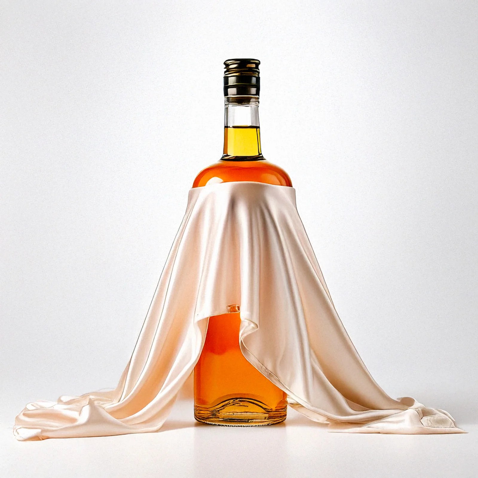 A bottle of whiskey shown with a white silky curtain covering its label against a white background