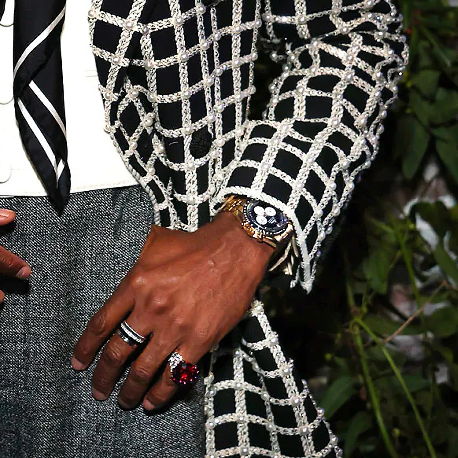 A close up of the 2025 Met Gala wearing an unreleased Omega Speedmaster