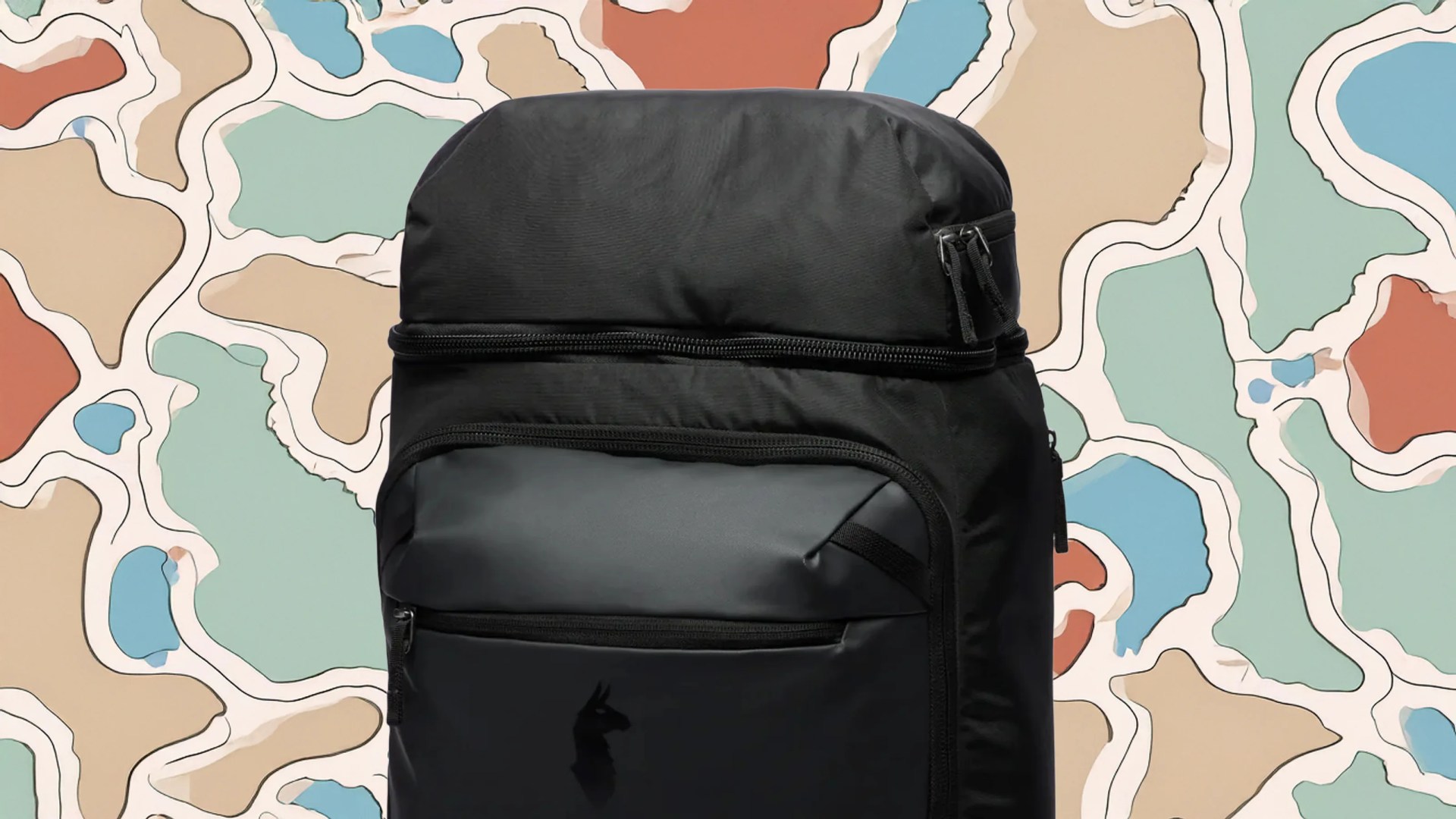 The Cotopaxi Allpa 50L Adventure Travel Pack shown against an abstract illustrated map background.