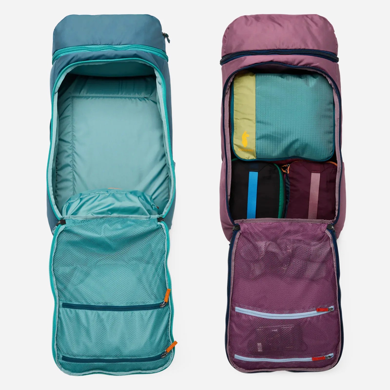 A aqua blue and purplish pink version of the the Cotopaxi Allpa 50L Adventure Travel Pack shown side by side and zippered open to reveal the large central compartment. The blue bag is shown empty and the purple bag is shown holding smaller bags inside it. 