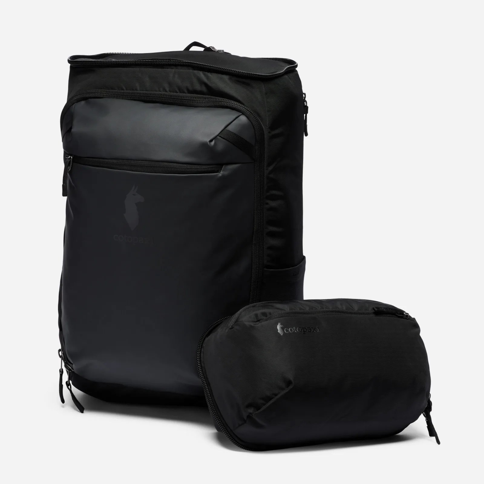 The Cotopaxi Allpa 50L Adventure Travel Pack shown against a light grey background with the lid detached 
