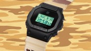 A close-up of the G-Shock and 'Undefeated' DWE5600UD with a light camo strap
