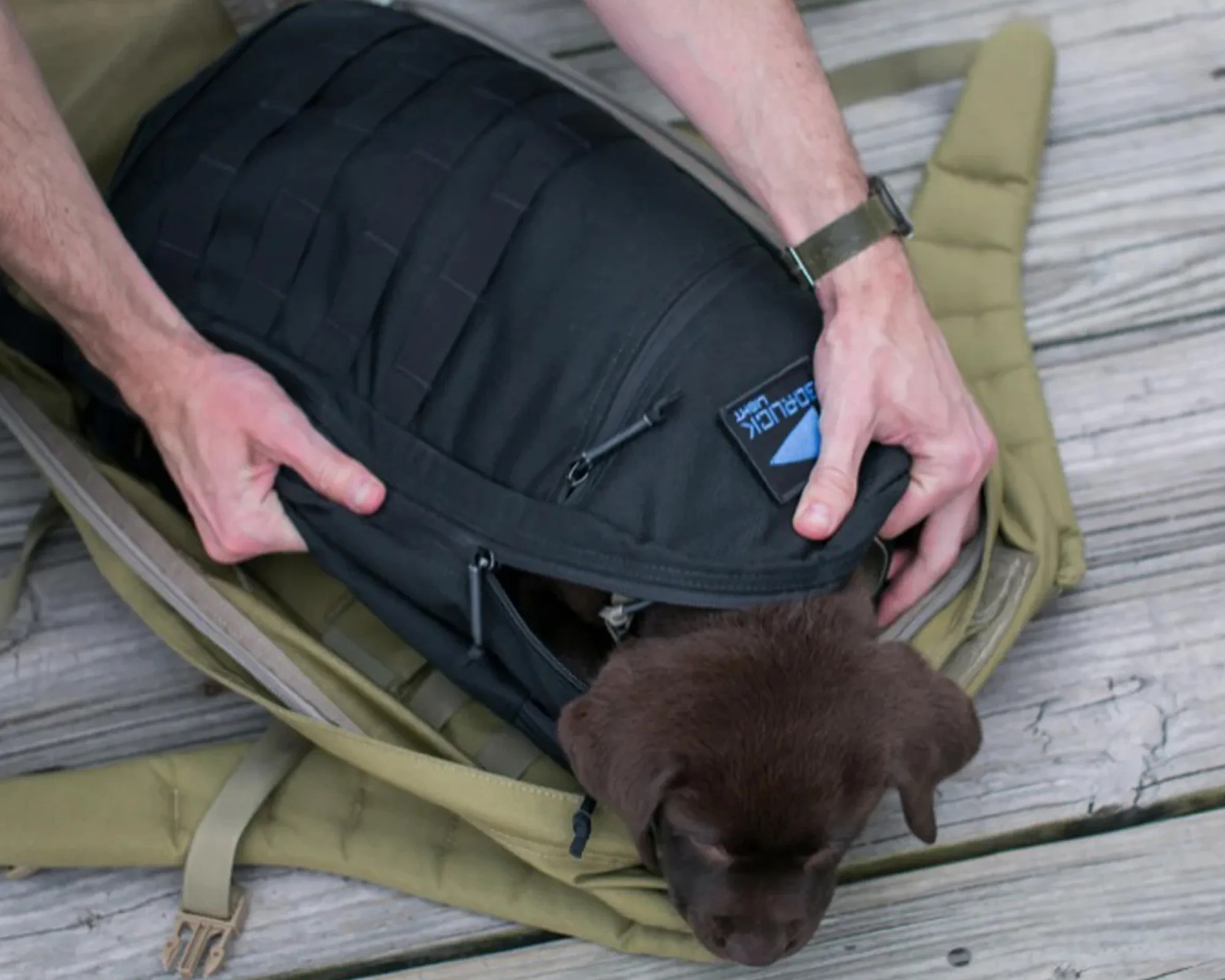 GoRuck Bullet with puppy inside