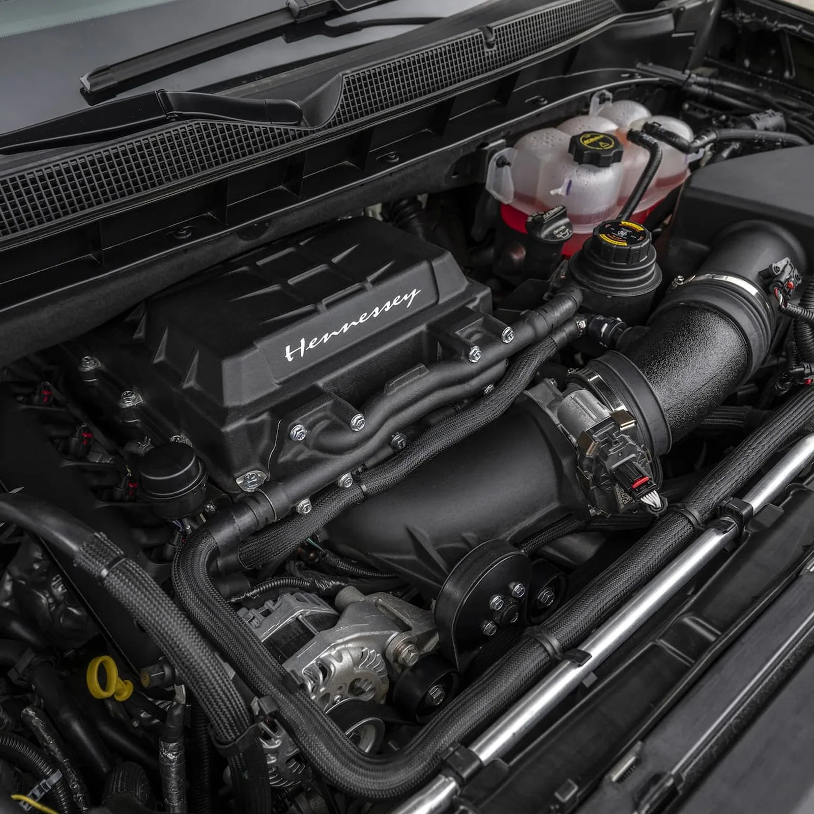 A view under the hood at the V8 engine of the 2025 Chevrolet Suburban H600 by Hennessey Peformance