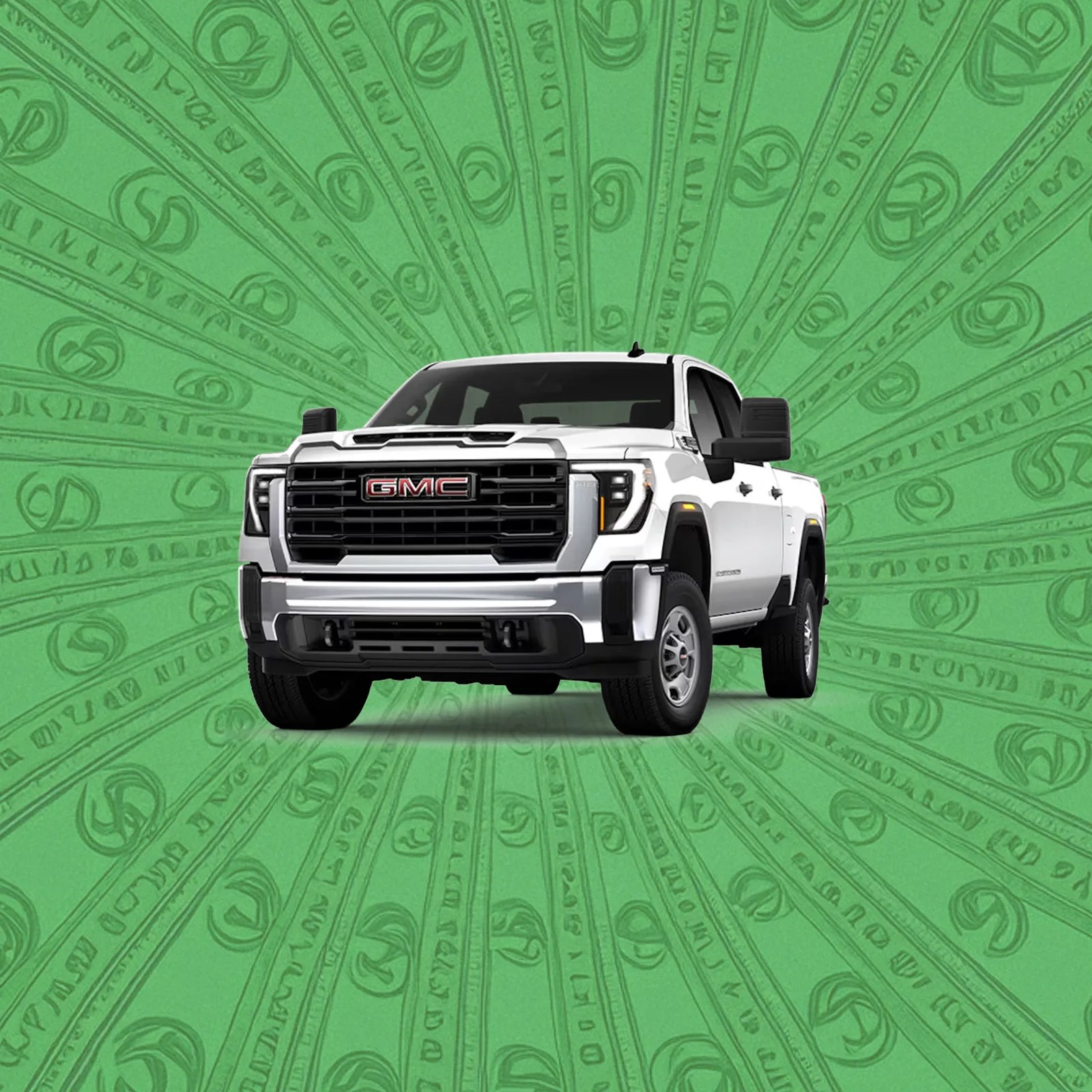 An image of a GMC Truck in white shown head-on against an illustrated green background of dollar bills in a spiral pattern.