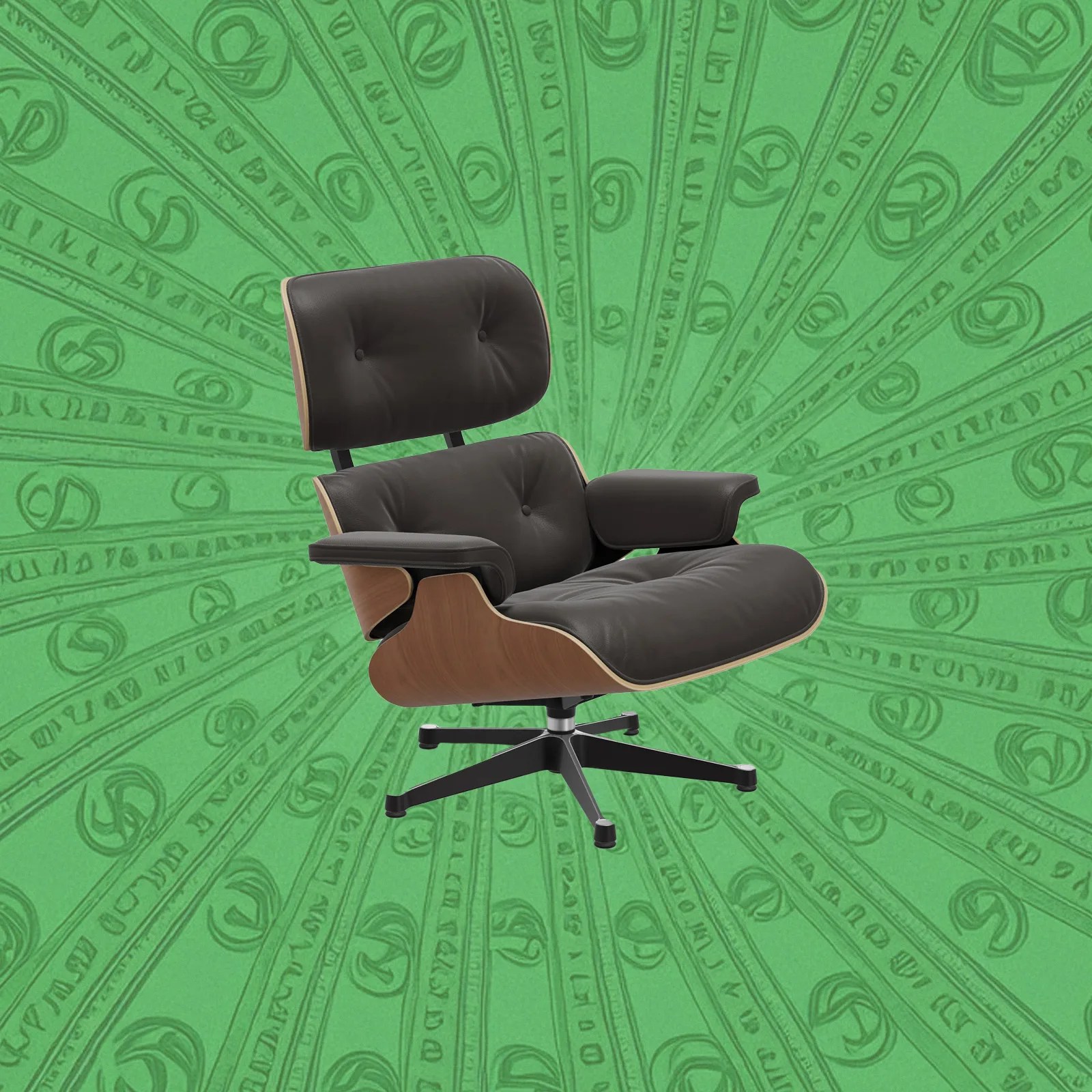 An image of a Herman Miller Eames Chair is shown in profile against an illustrated green background of dollar bills in a spiral pattern.