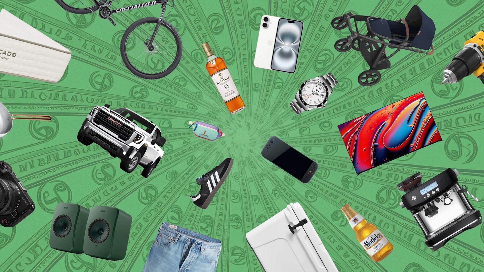 An illustrated green background of dollar bills spiraling into the center. On top of this background appears an array of US consumer goods like the iPhone, a Ford 15- and others shown at off angles as if spiraling towards the center