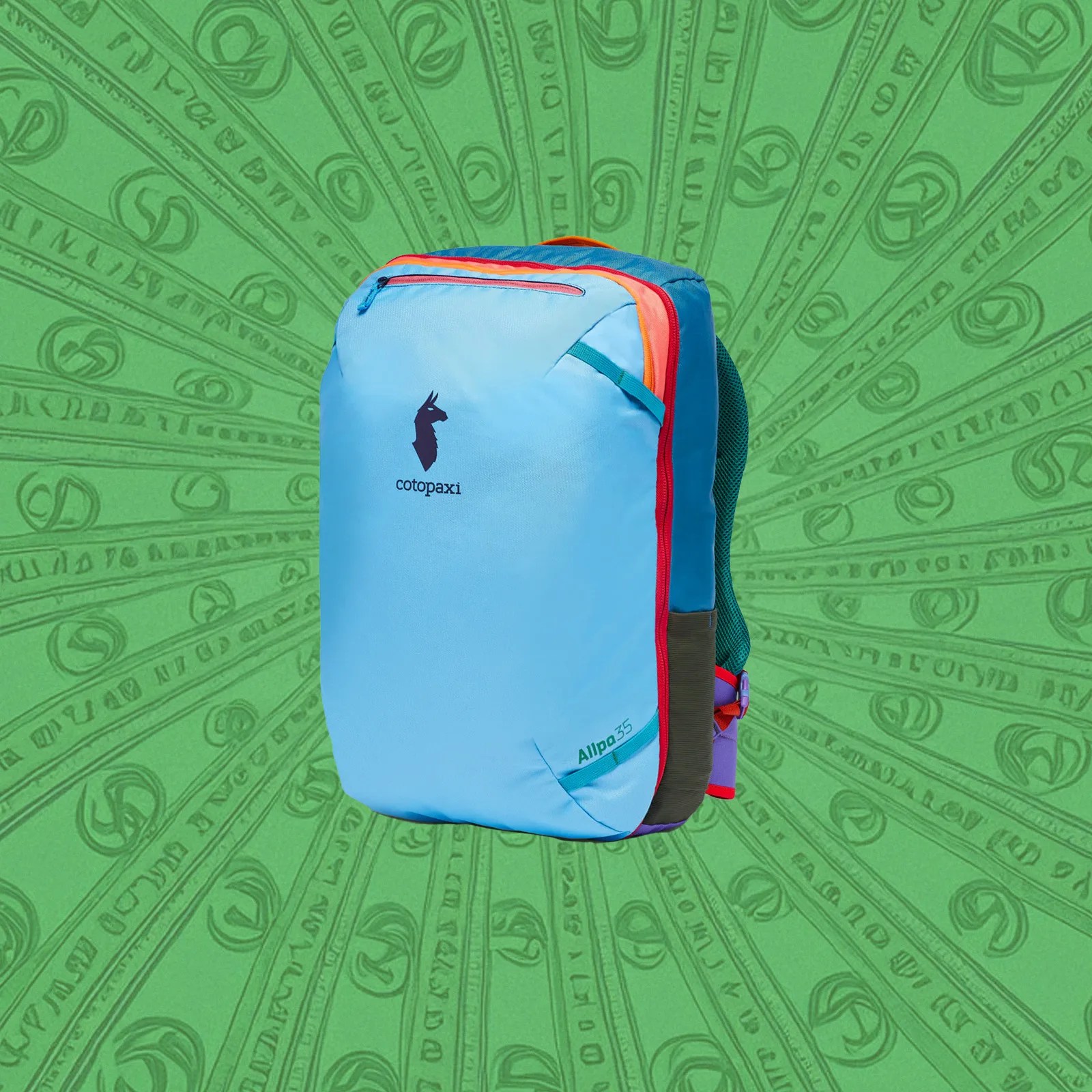 An image of a Cotopaxi pack is shown face on at an angle against an illustrated green background of dollar bills in a spiral pattern.