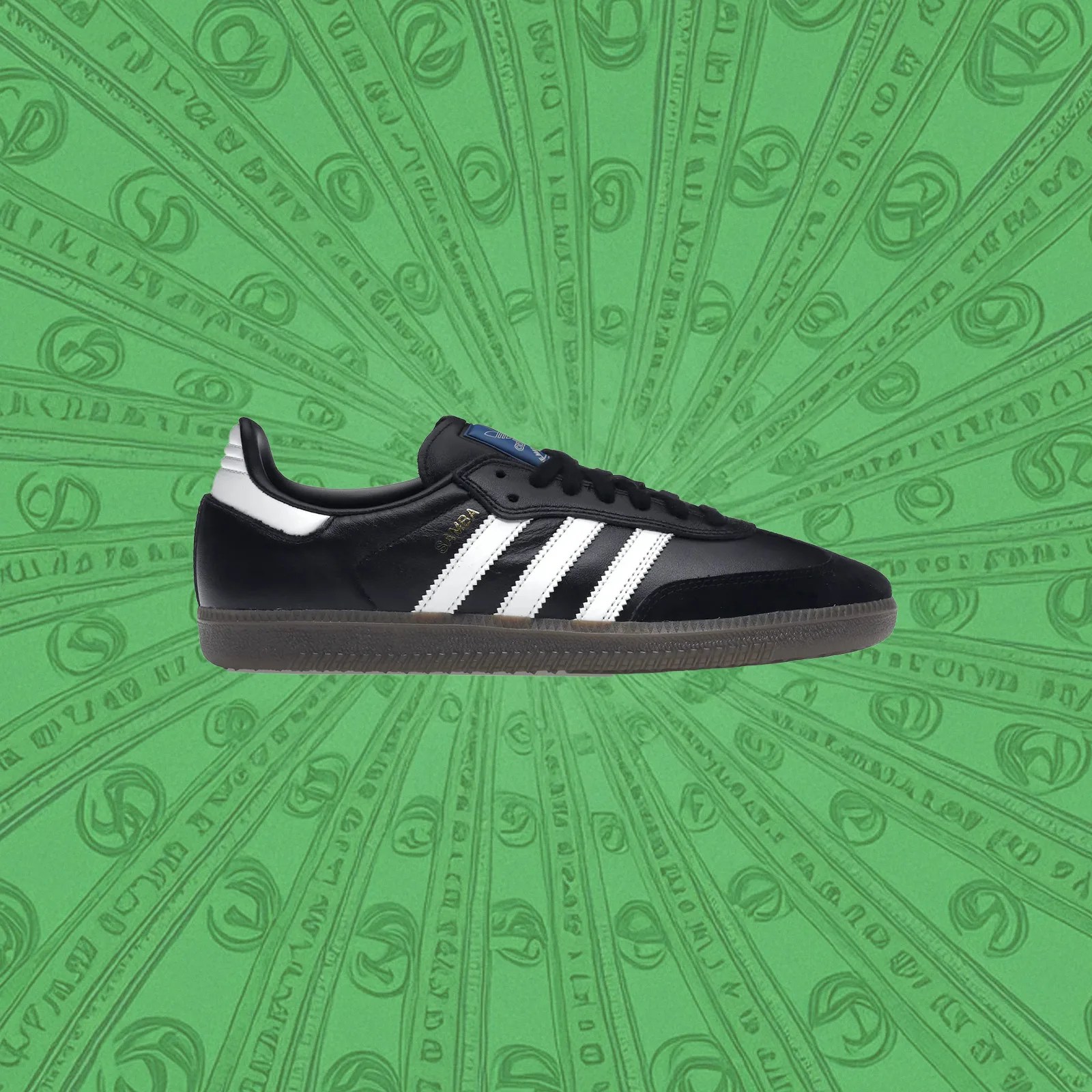 An image of an Adidas Samba Sneaker in black is shown in profile against an illustrated green background of dollar bills in a spiral pattern.