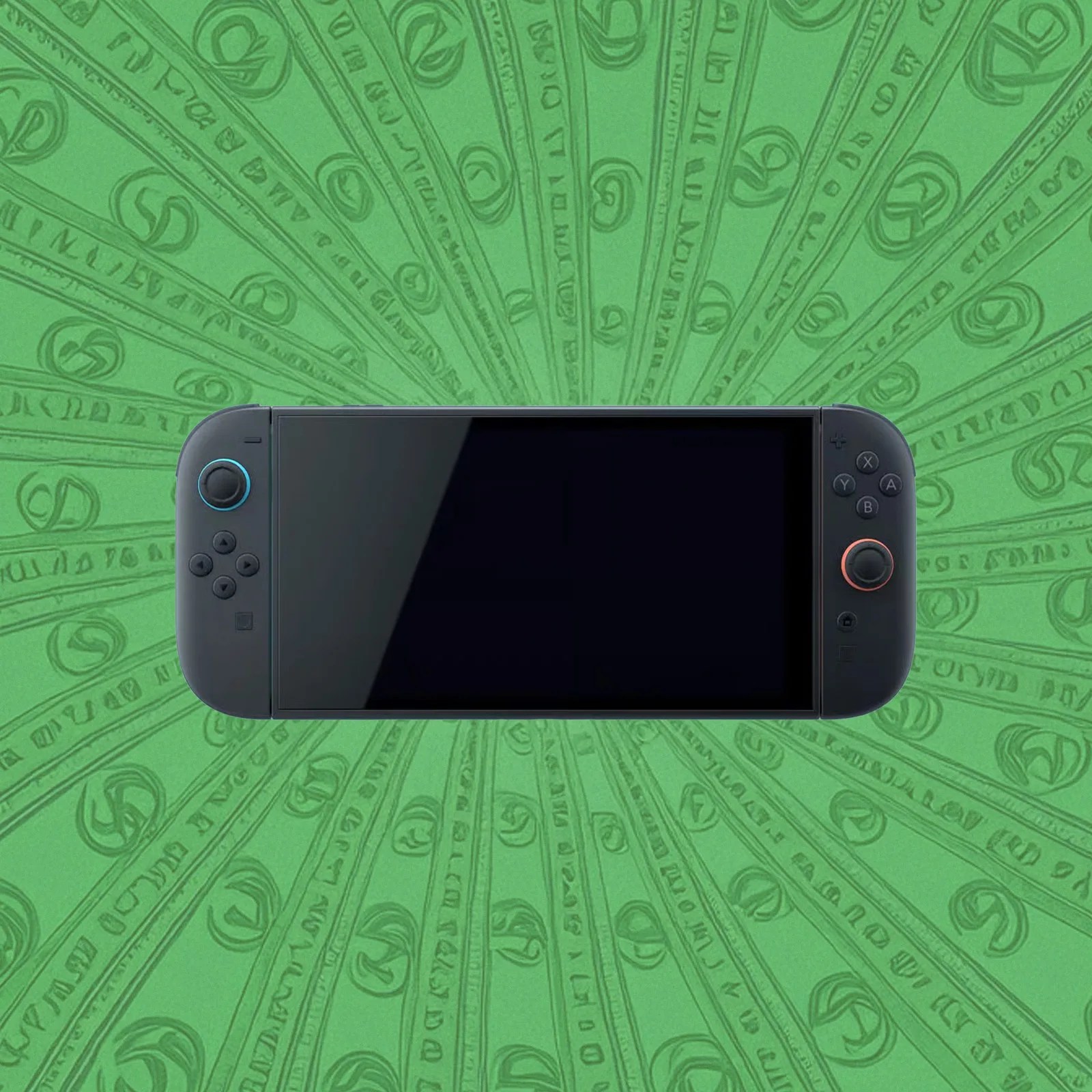 An image of a Nintendo Switch 2 is shown face on at an angle against an illustrated greenish background of dollar bills in a spiral pattern.