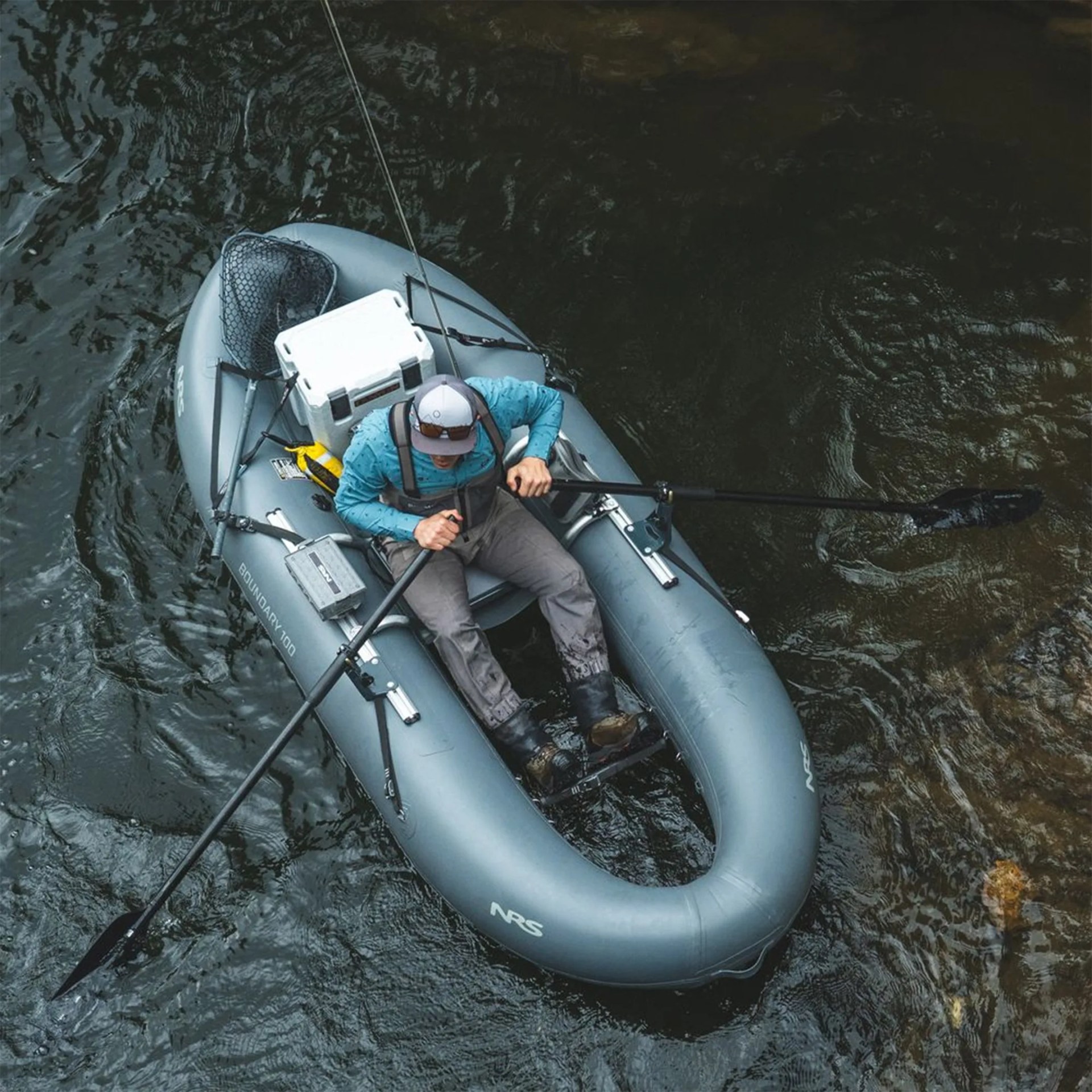 NRS Boundary 100 Personal Fishing Raft with fisherman on river