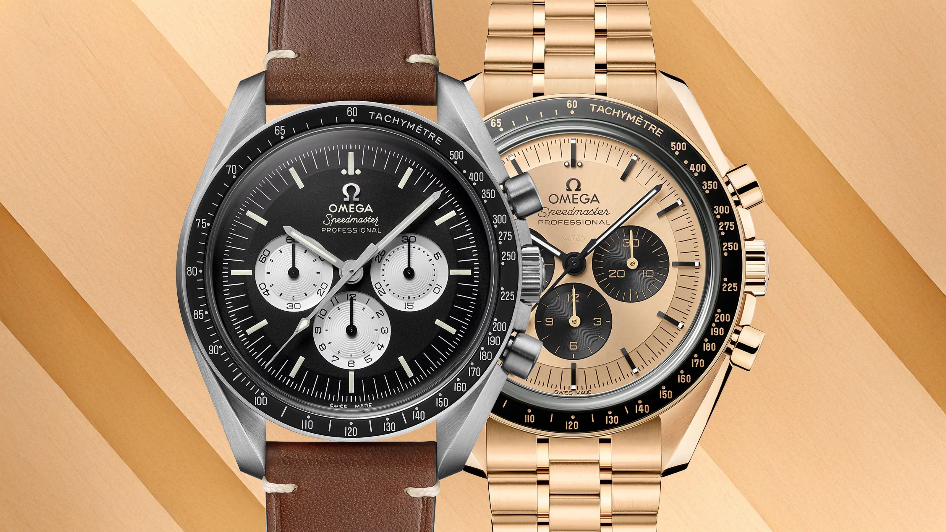 Two Omega Speedmaster watch faces shown side by side. One is black with white sub-dials, another in gold with black subdials