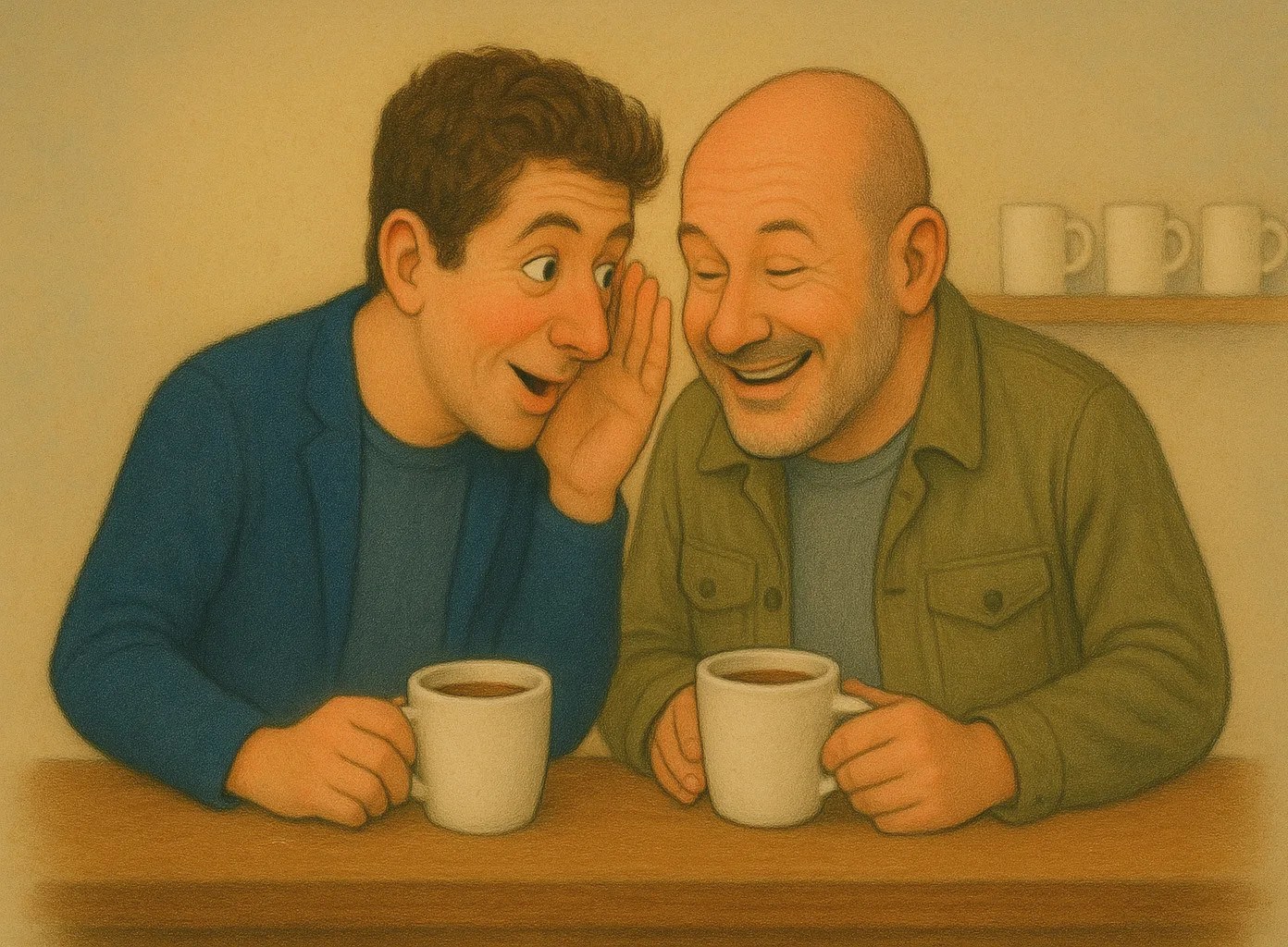 An illustration of Sam Altman and Jony Ive whispering while sitting at a bar drinking coffee. 
