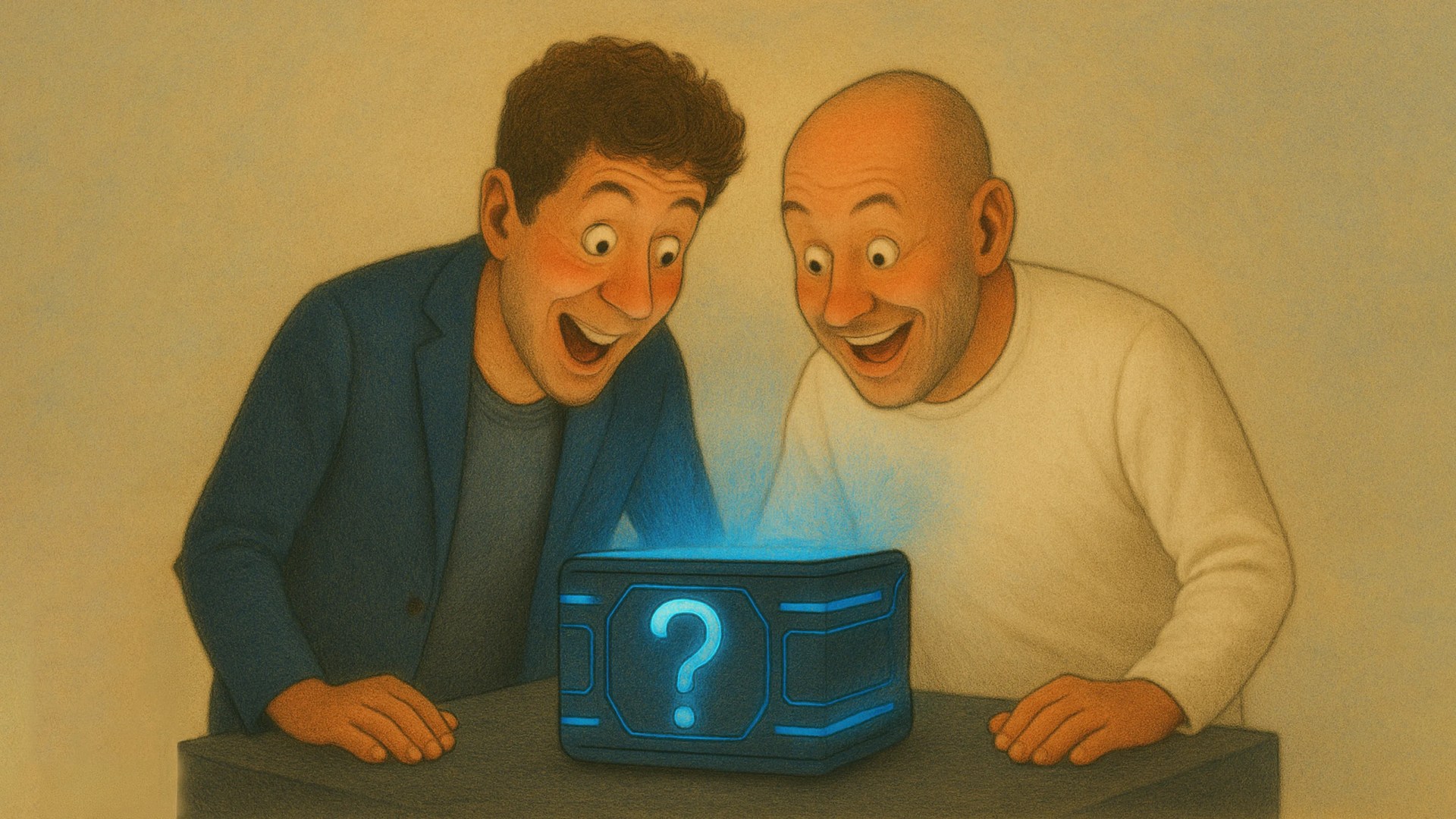 An illustration of Sam Altman and Jony Ive shown with excited looks peering into a futuristic looking box that's glowing blue with a question mark on it