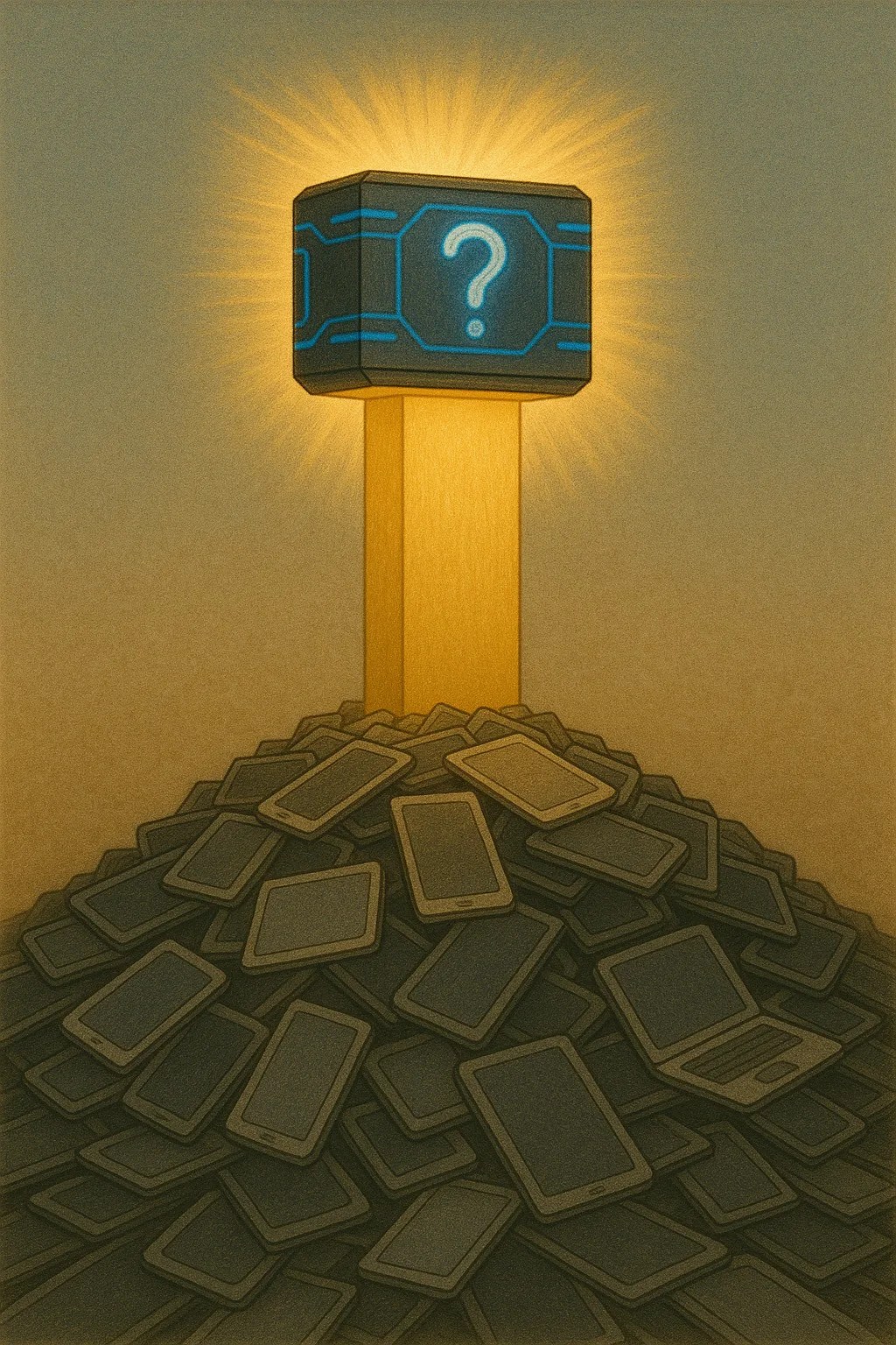 An illustration of a futuristic box with a bright blue question mark on the side erected over a pile of brownish grey tablets, smartphones and laptops