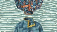 A graphic showing two Patagonia Lightweight Synchilla fleeces stacked up and down against a wavey background