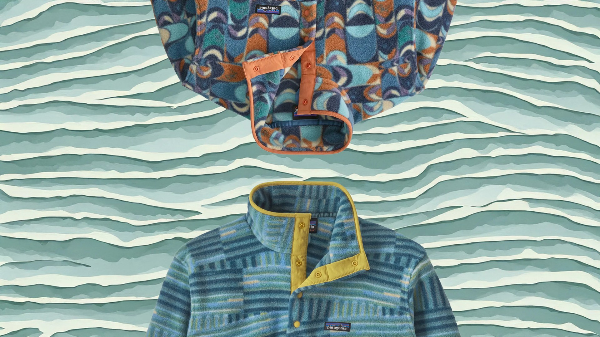 A graphic showing two Patagonia Lightweight Synchilla fleeces stacked up and down against a wavey background