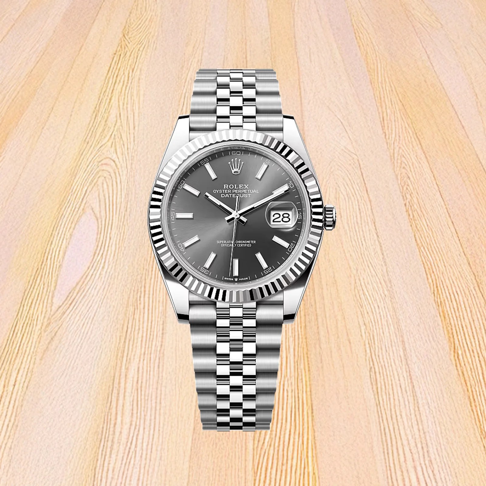 A Rolex Datejust with a grey dial shown against a light wood background