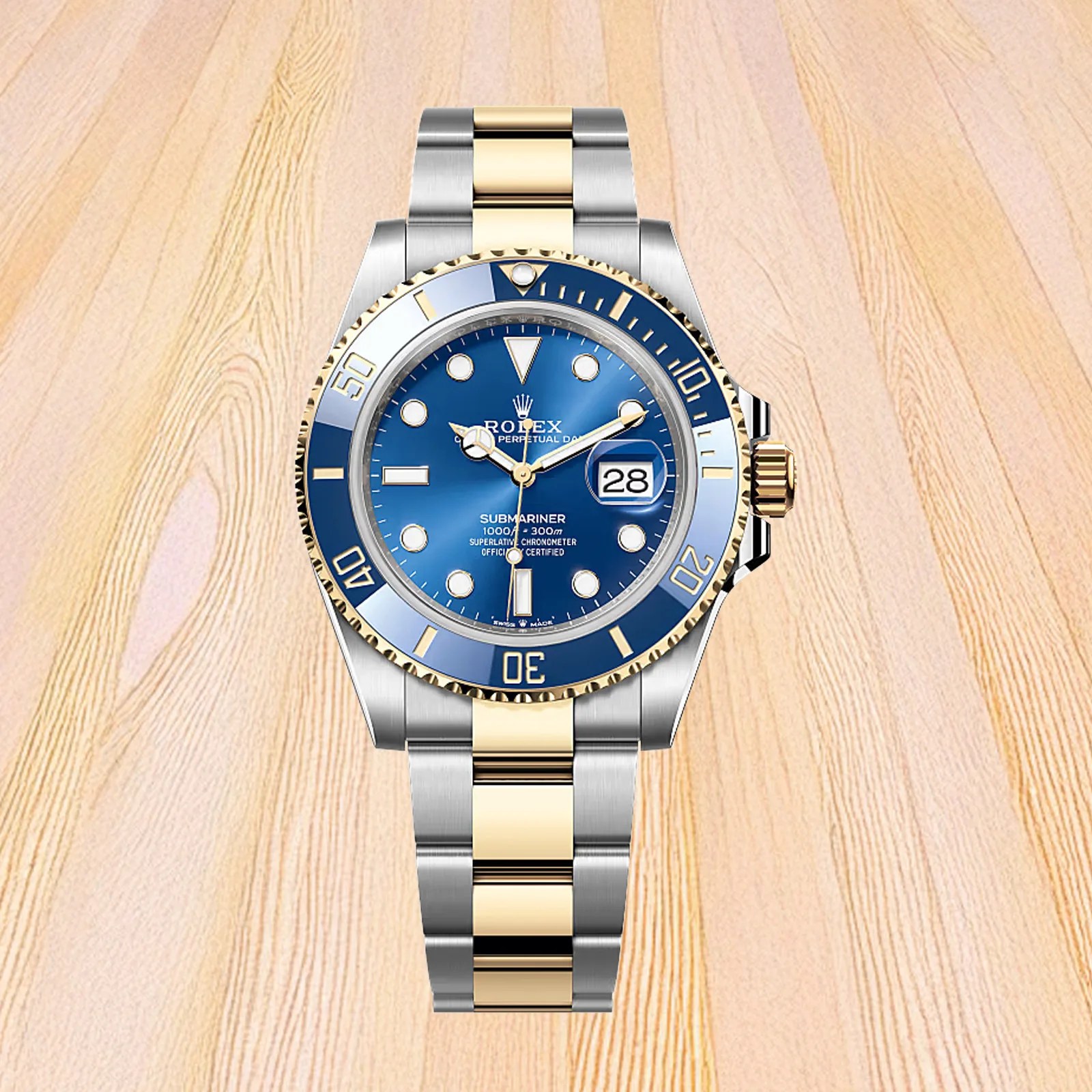A two-toned Rolex Submariner with a Blue face shown against a light wood background.