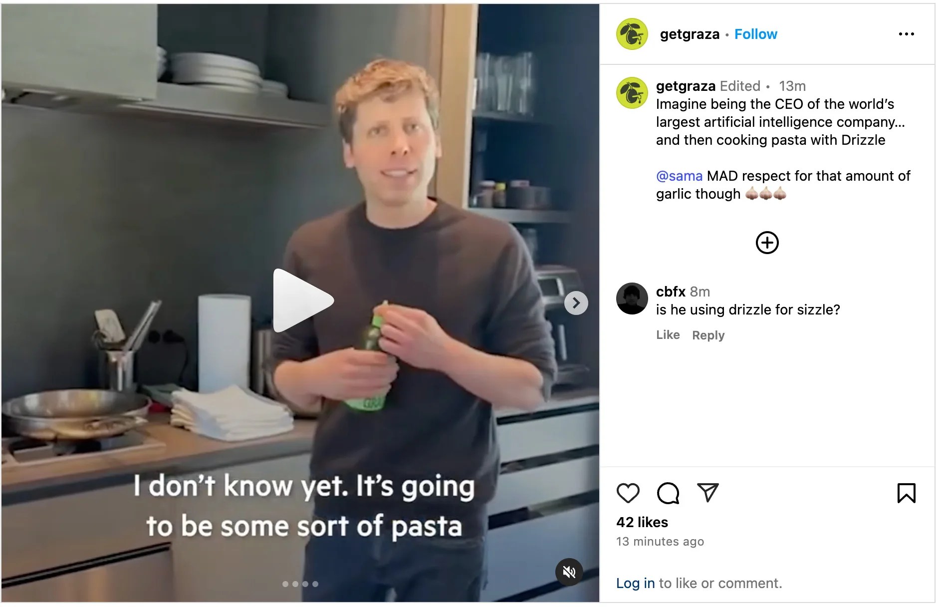 A screen shot of an Instagram video posted showing Sam Altman holding a bottle of olive oil while standing in front of a kitchen range stove.