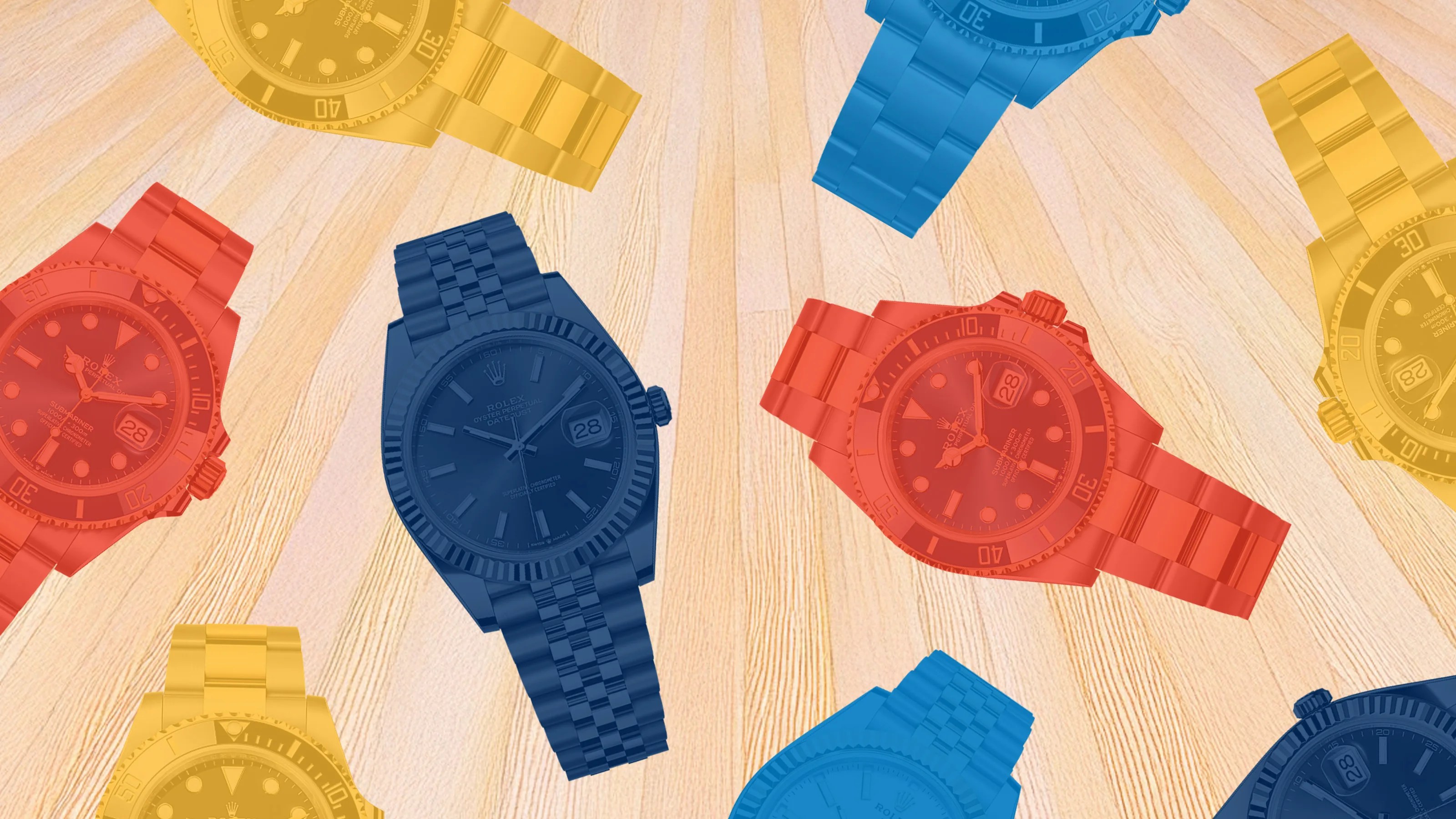 A collage of Rolex watches in the color of the Oklahoma City Thunder scattered across a light wood background surface.