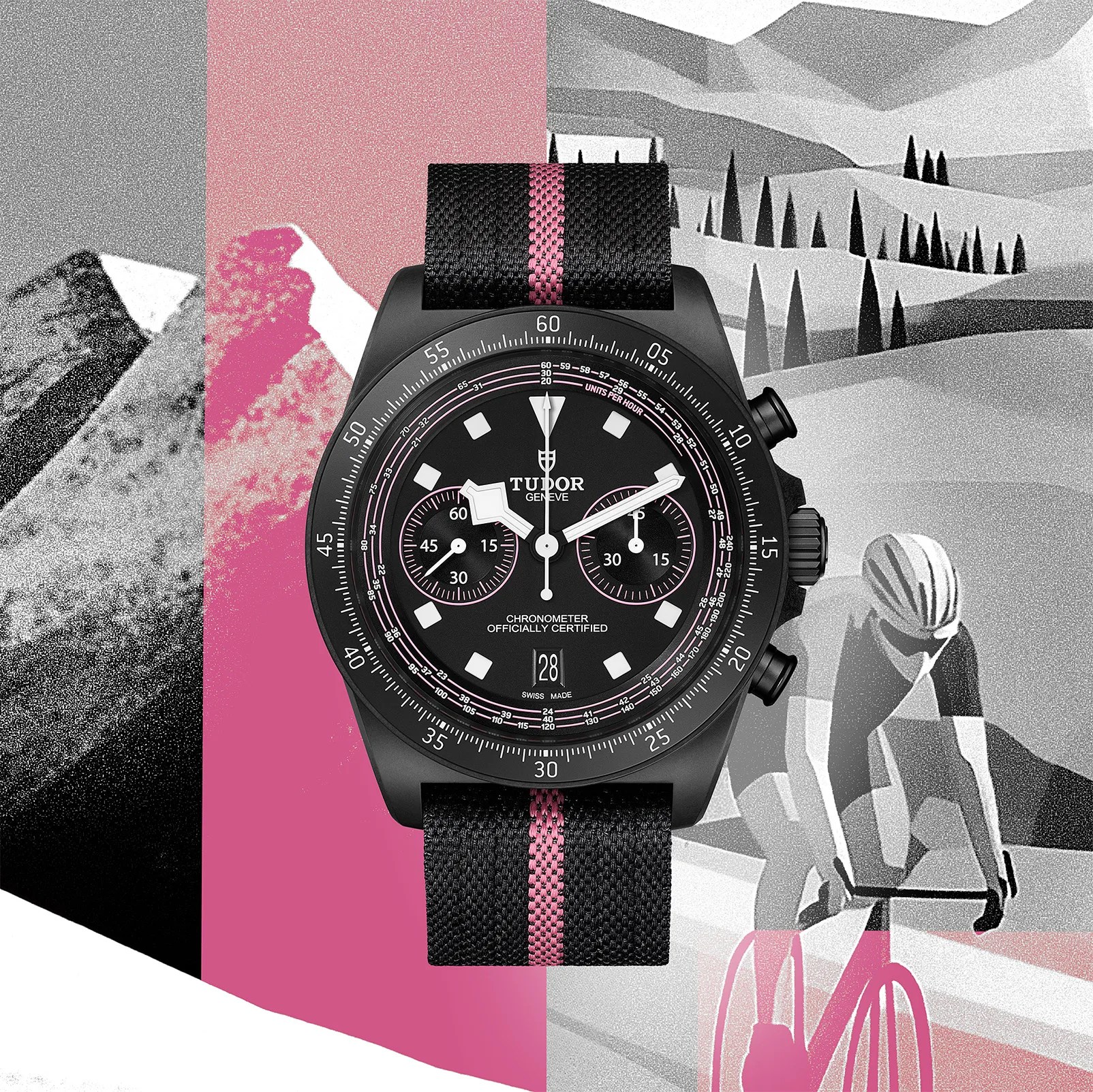 a black chronograph watch with a drawing of a mountain and cyclist behind it