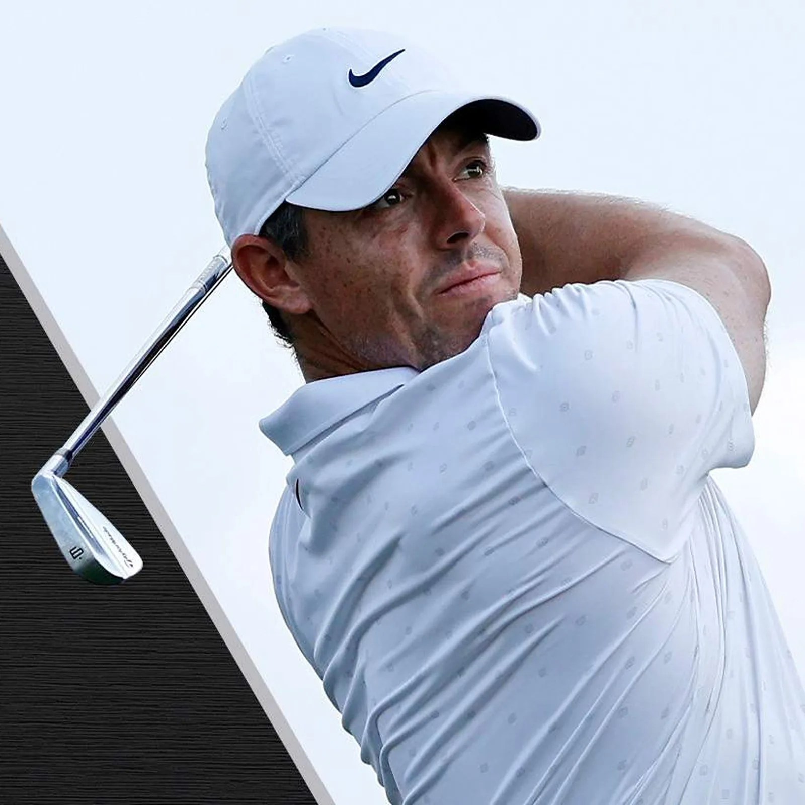 A graphic of Rory McIlroy swinging a Taylor-Made RORS∙PROTO Iron wearing a white golf shirt and golf hat