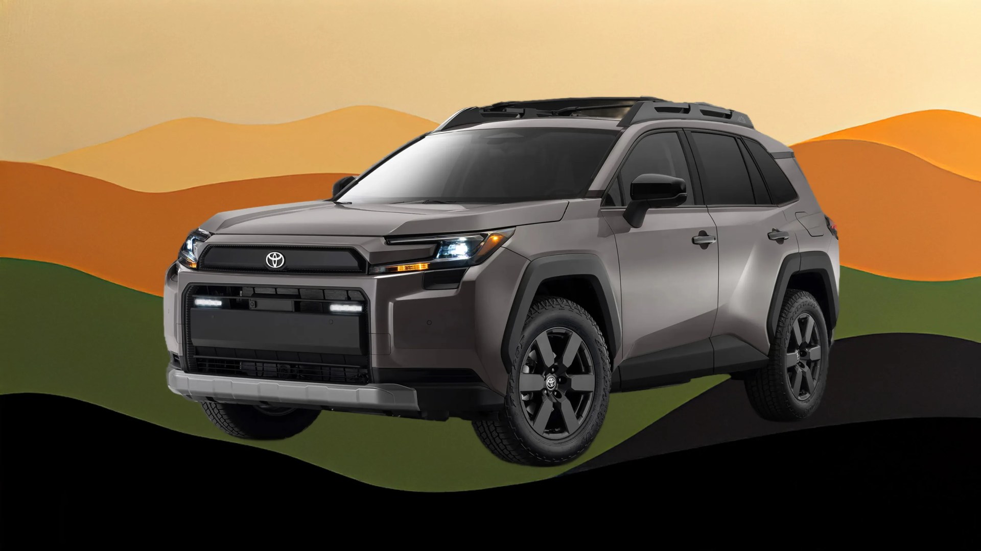 The 2026 Toyota RAV4 Woodland Edition shown against an illustration mountain range background